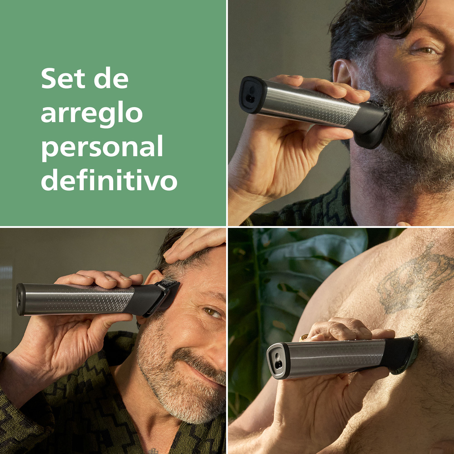 Hombre usa recortadora para barba, pelo y pecho. Carcasa metálica.