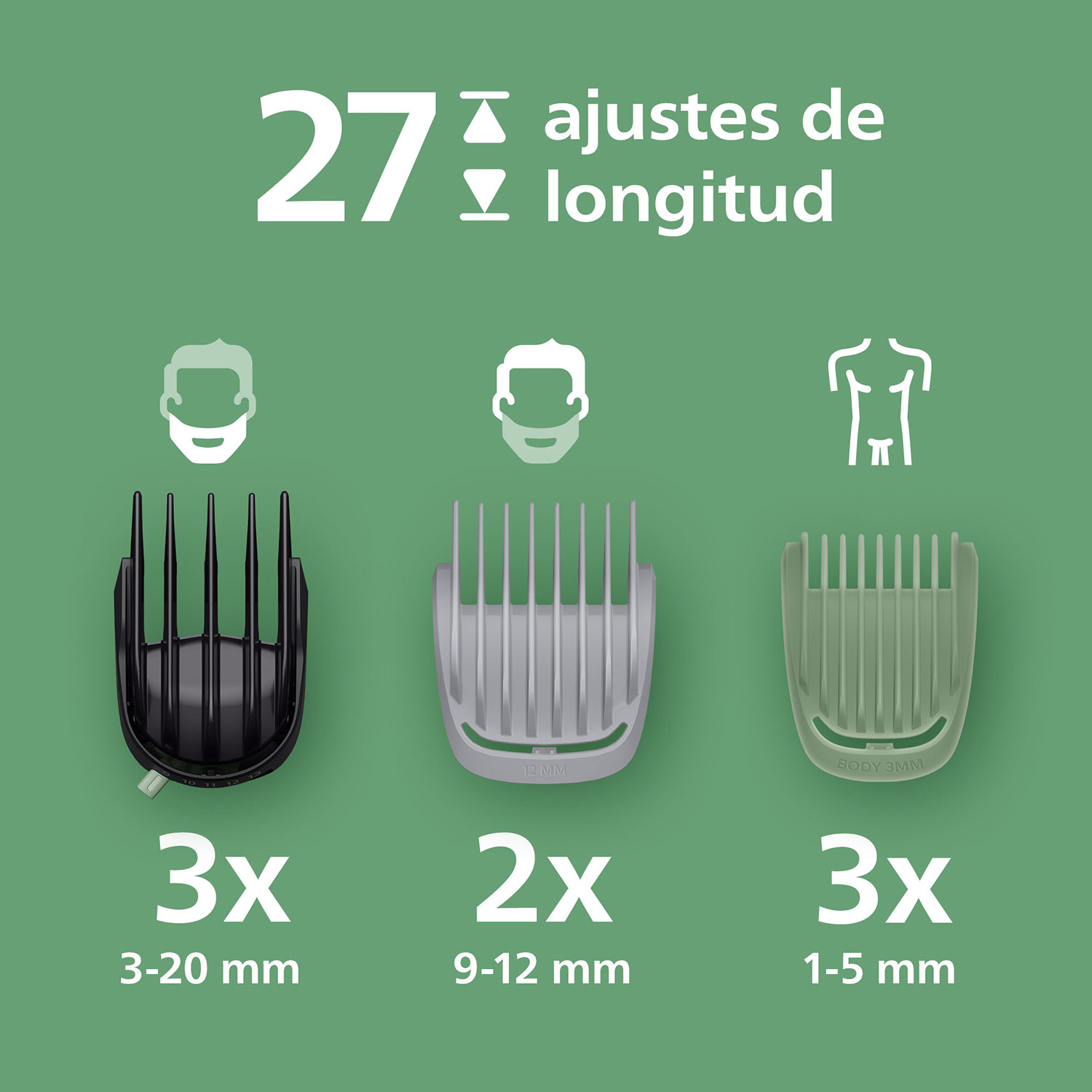 Tres peines para recortadora: negro (3-20mm), gris (9-12mm), verde (1-5mm).