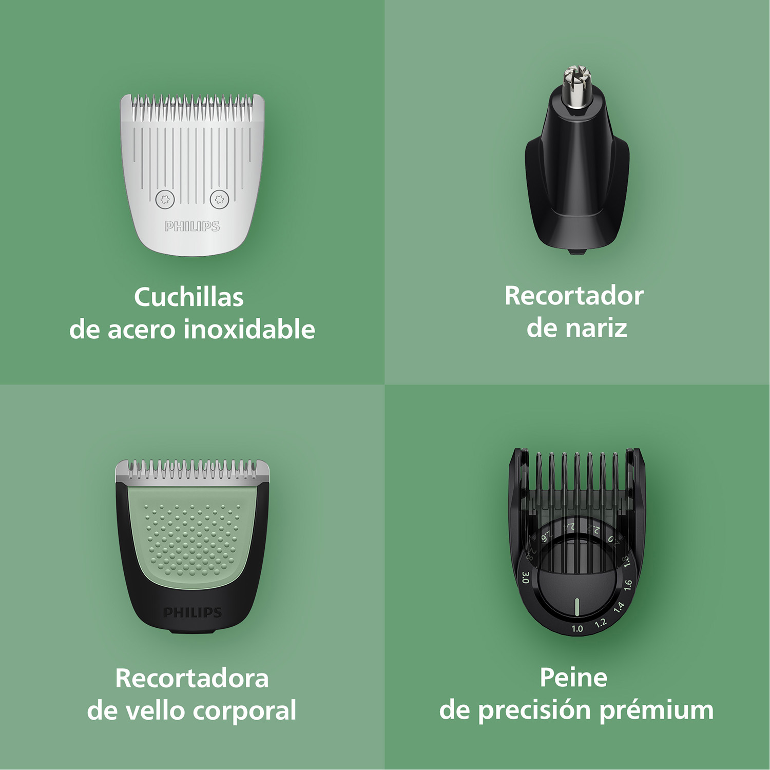 Cuatro accesorios de recortadora Philips: cuchillas, recortador de nariz, corporal, peine.