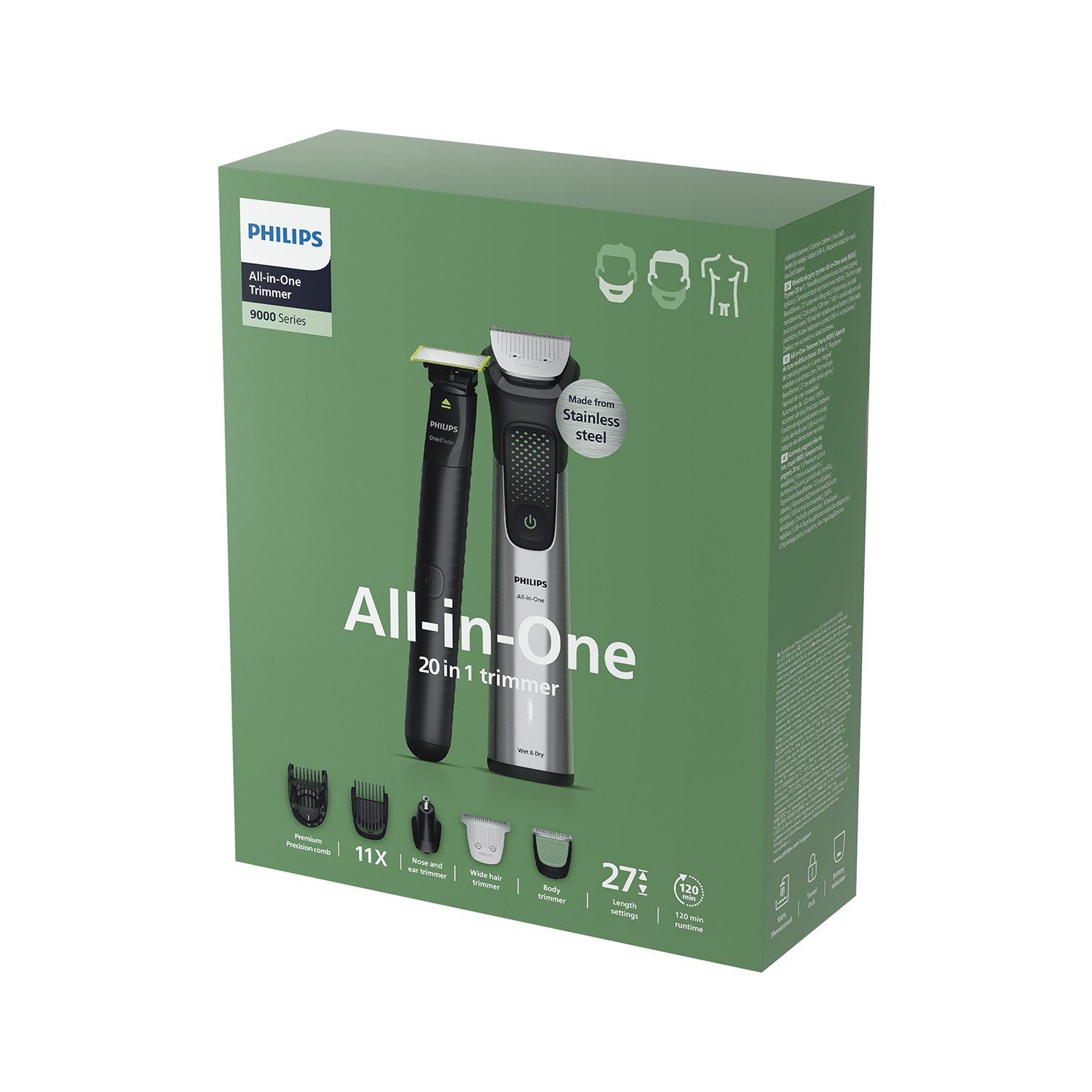 Recortadora Philips Todo en Uno Serie 9000 en caja verde con accesorios.