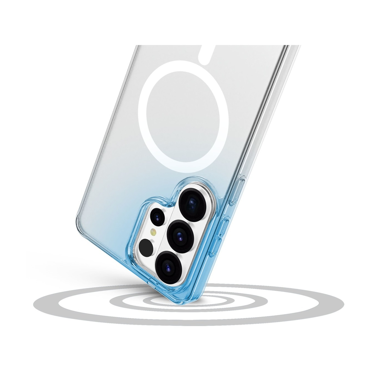 Una custodia trasparente per telefono con accenti blu e lenti della fotocamera.