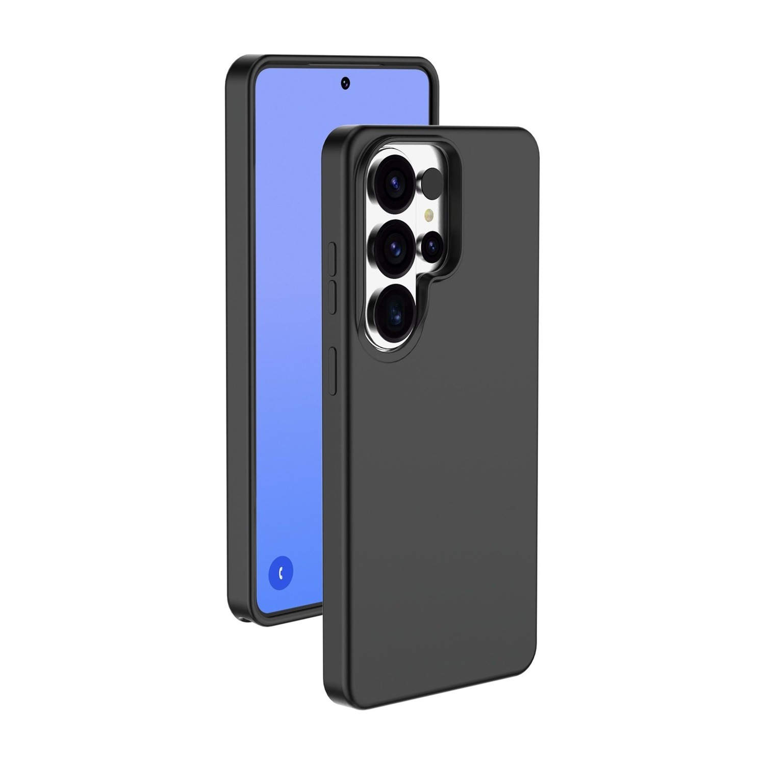 Uno smartphone nero con modulo fotocamera e schermo blu.