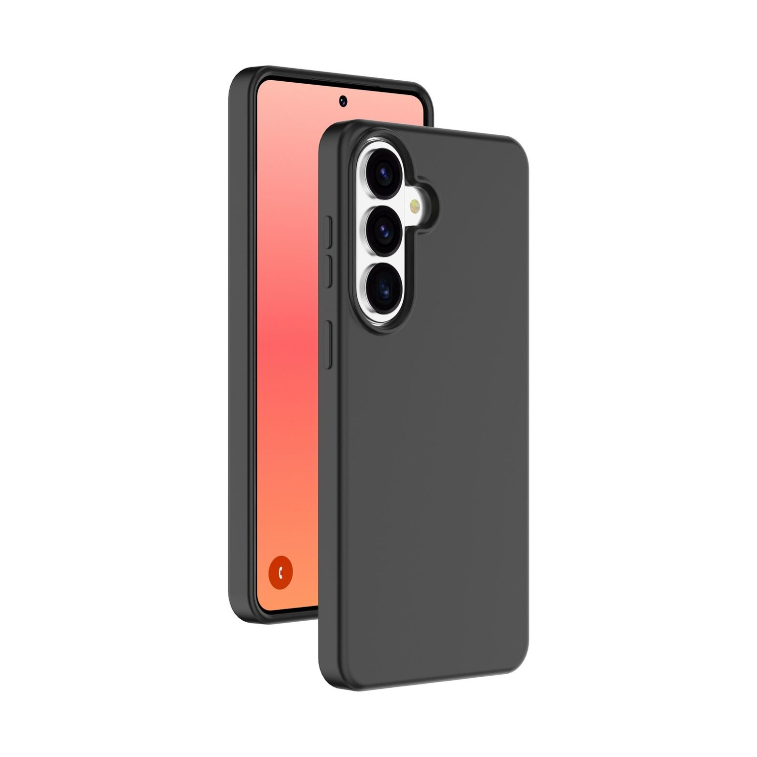 Custodia nera per telefono con tre fotocamere su uno smartphone con schermo arancione.