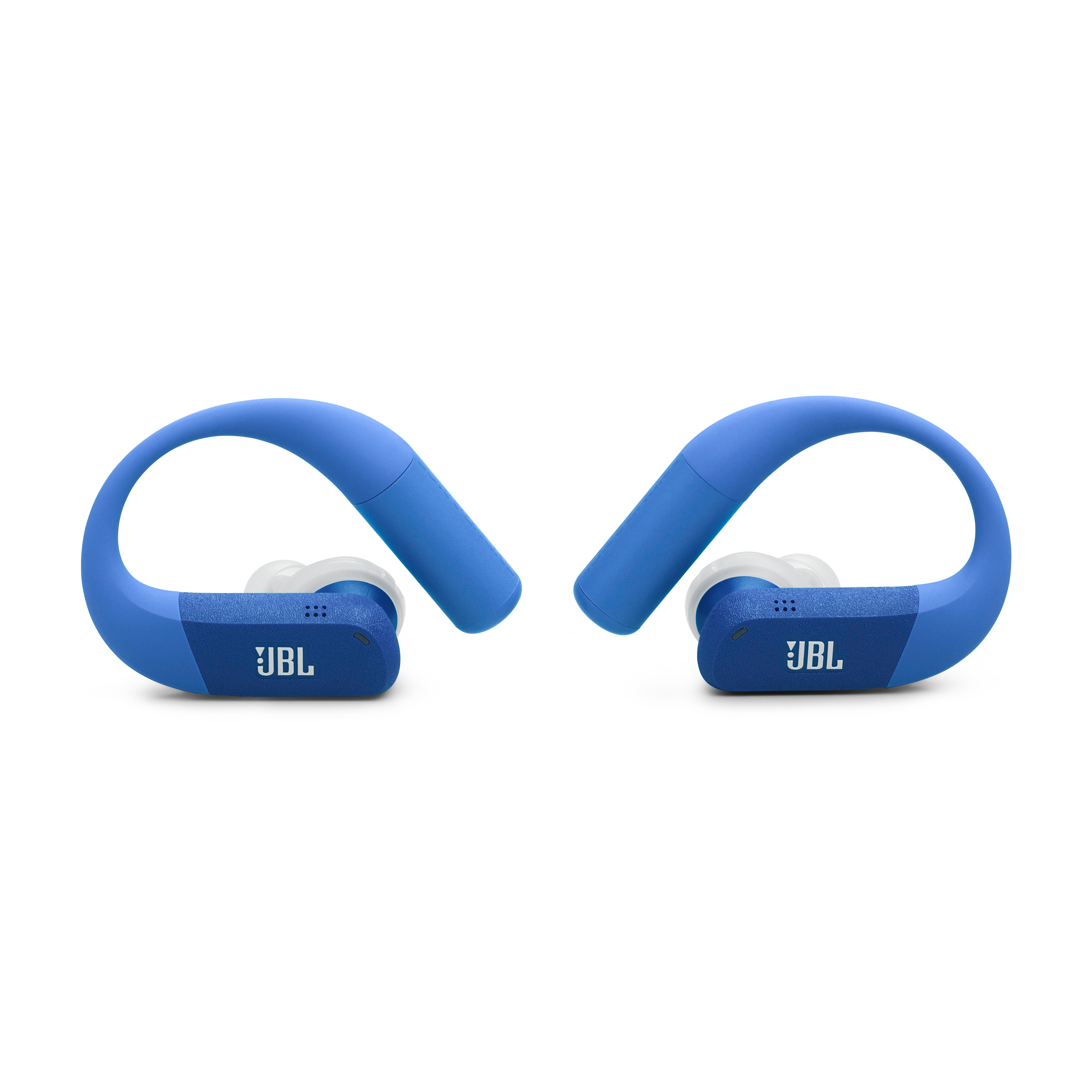 Blaue JBL-Kopfhörer mit Ohrbügeln und weißem Einsatz, auf weißem Hintergrund.