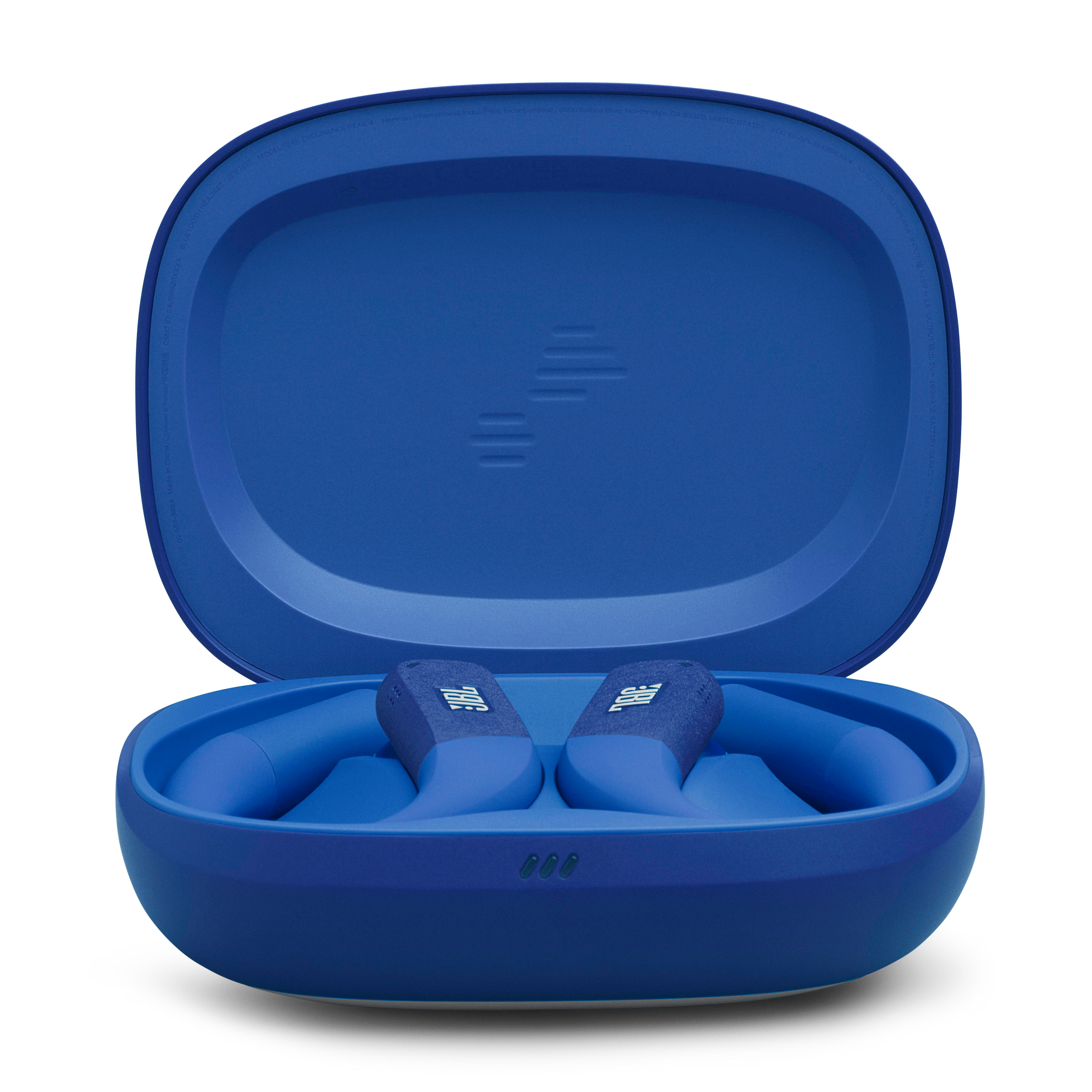 Blaue kabellose Kopfhörer mit Ladecase und JBL-Logo.