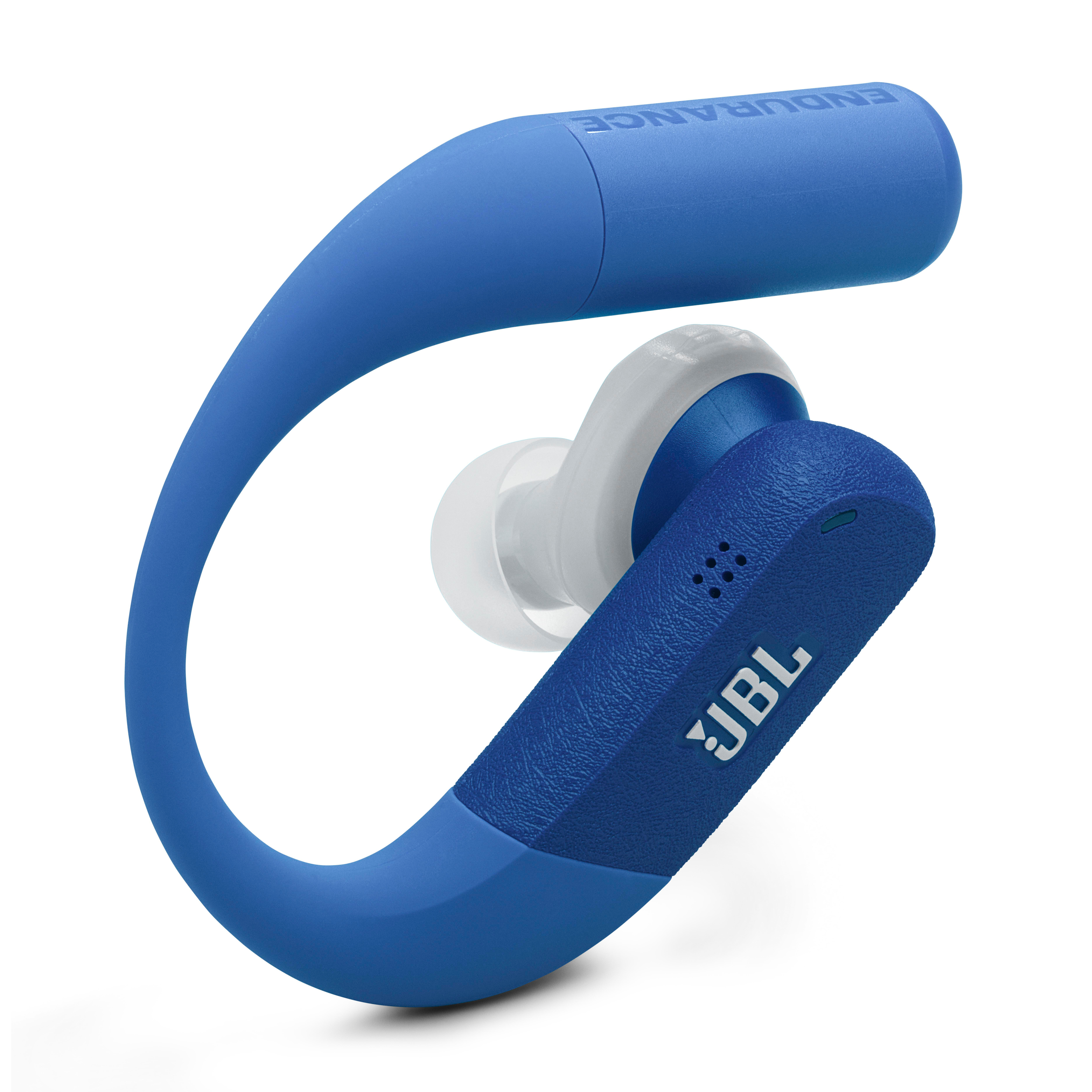 Ein blauer JBL-Kopfhörer mit einem Ohrbügel und einem weißen Ohrstöpsel.