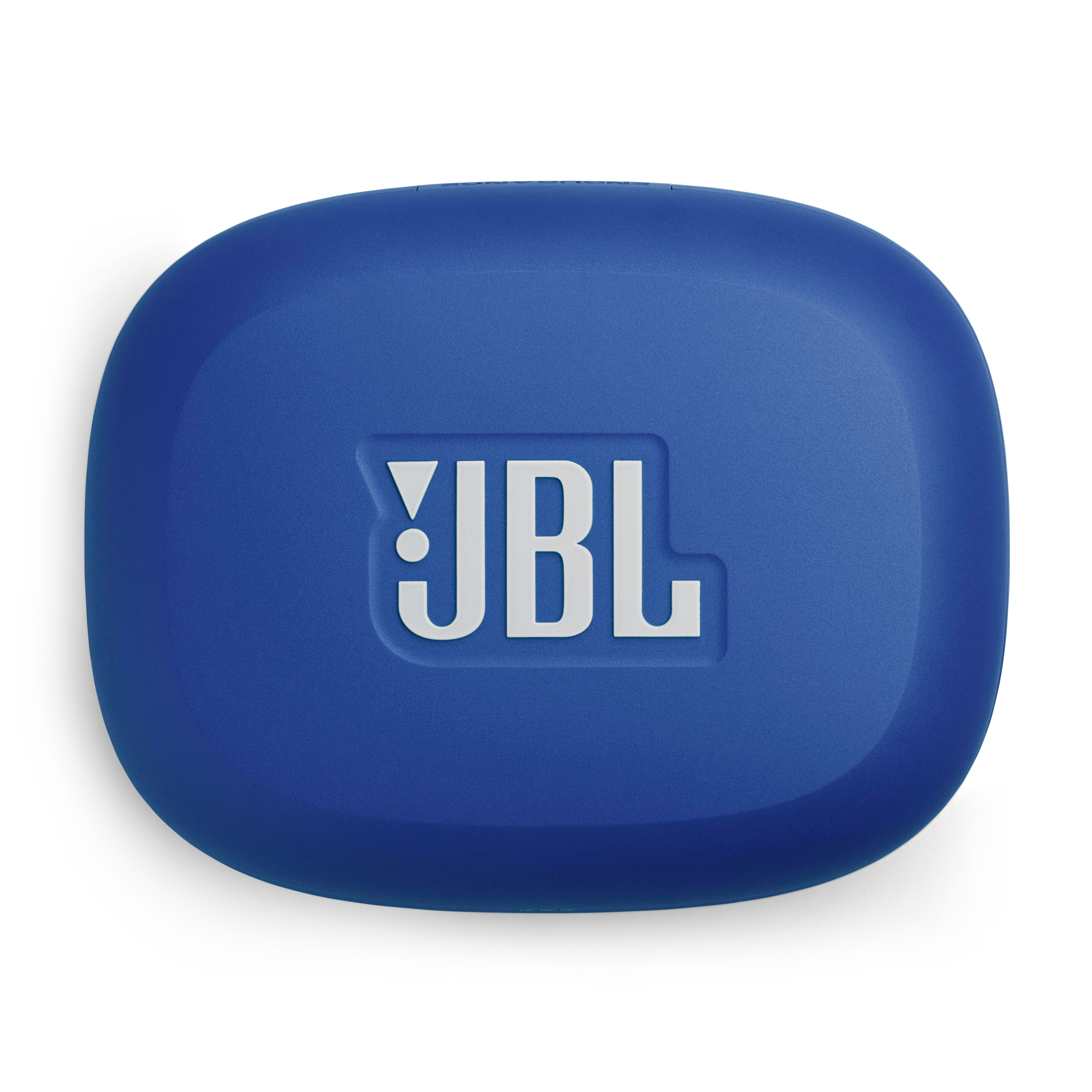 Blaues JBL-Etui mit weißem Logo auf weißem Hintergrund.