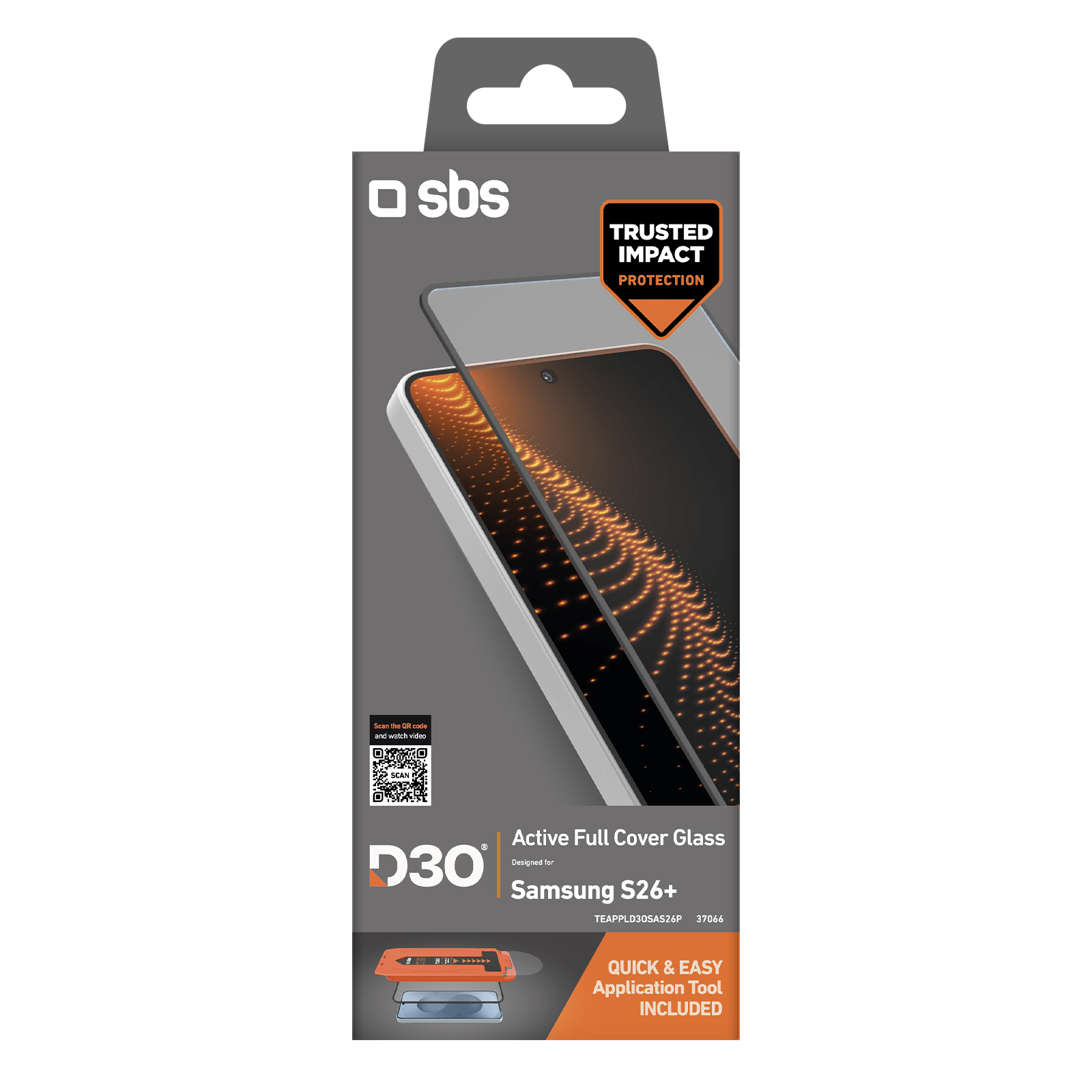 SBS Active Full Cover Glass Verpackung für Samsung S26+ mit Anwendungswerkzeug.