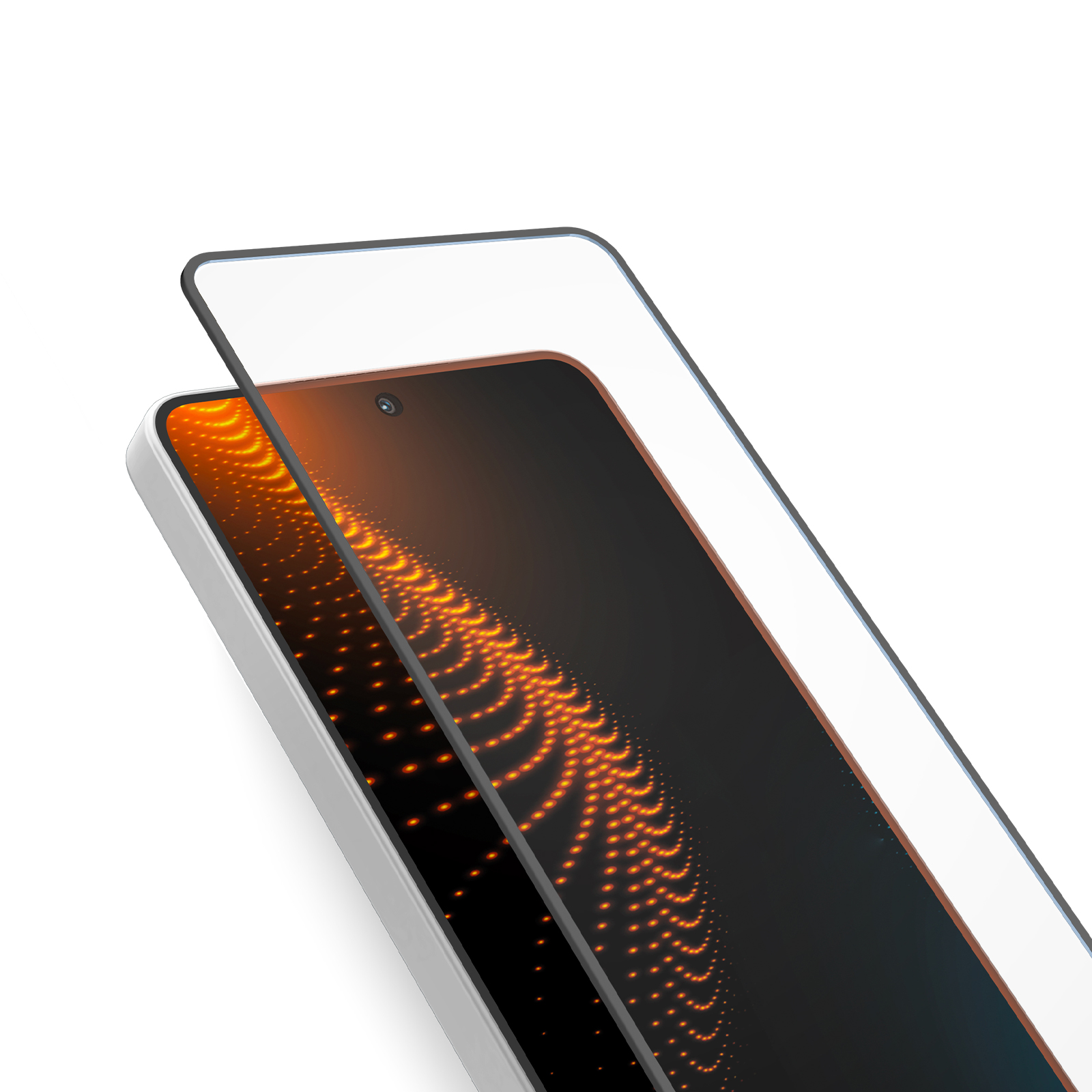Ein Smartphone mit einem Displayschutz und orangen Lichtpunkten auf dem Bildschirm.