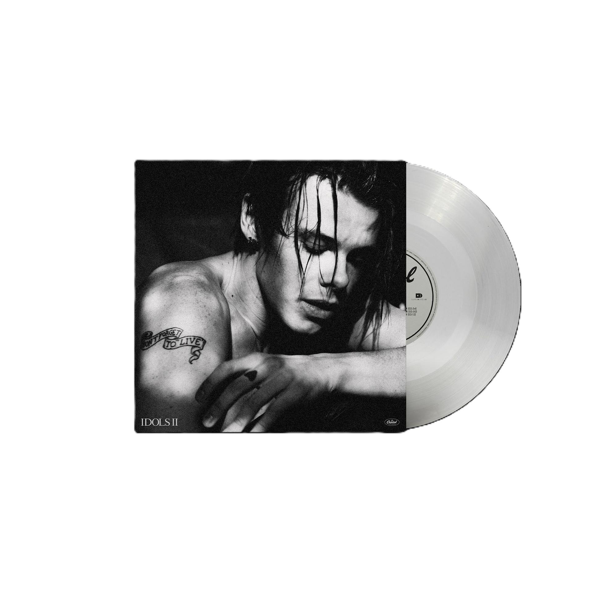 Schwarz-weiße Vinyl-Schallplatte mit einem Porträt eines jungen Mannes mit Tätowierung.