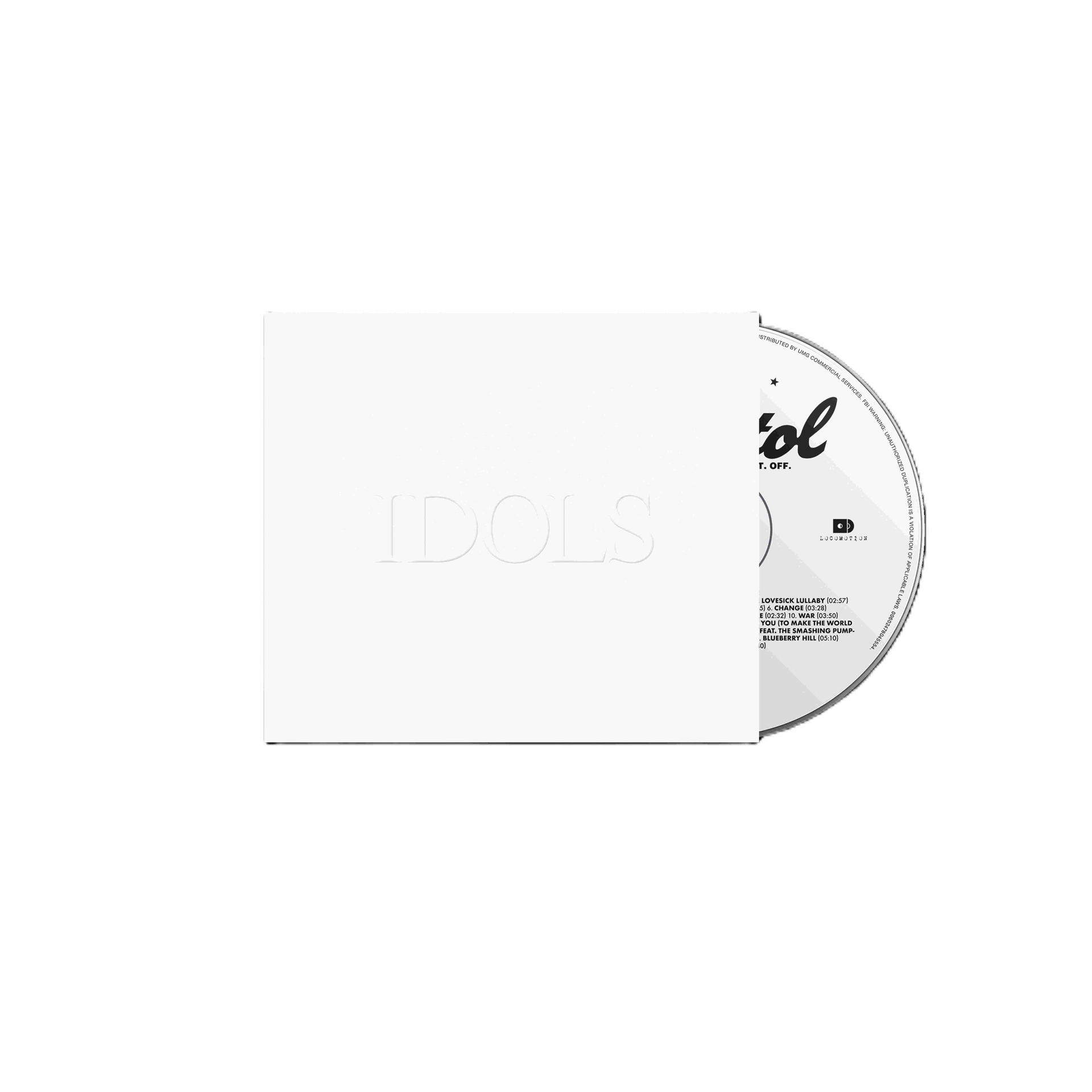 Ein weißes CD-Case mit geprägtem Schriftzug "IDOLS". Eine CD ist teilweise sichtbar.