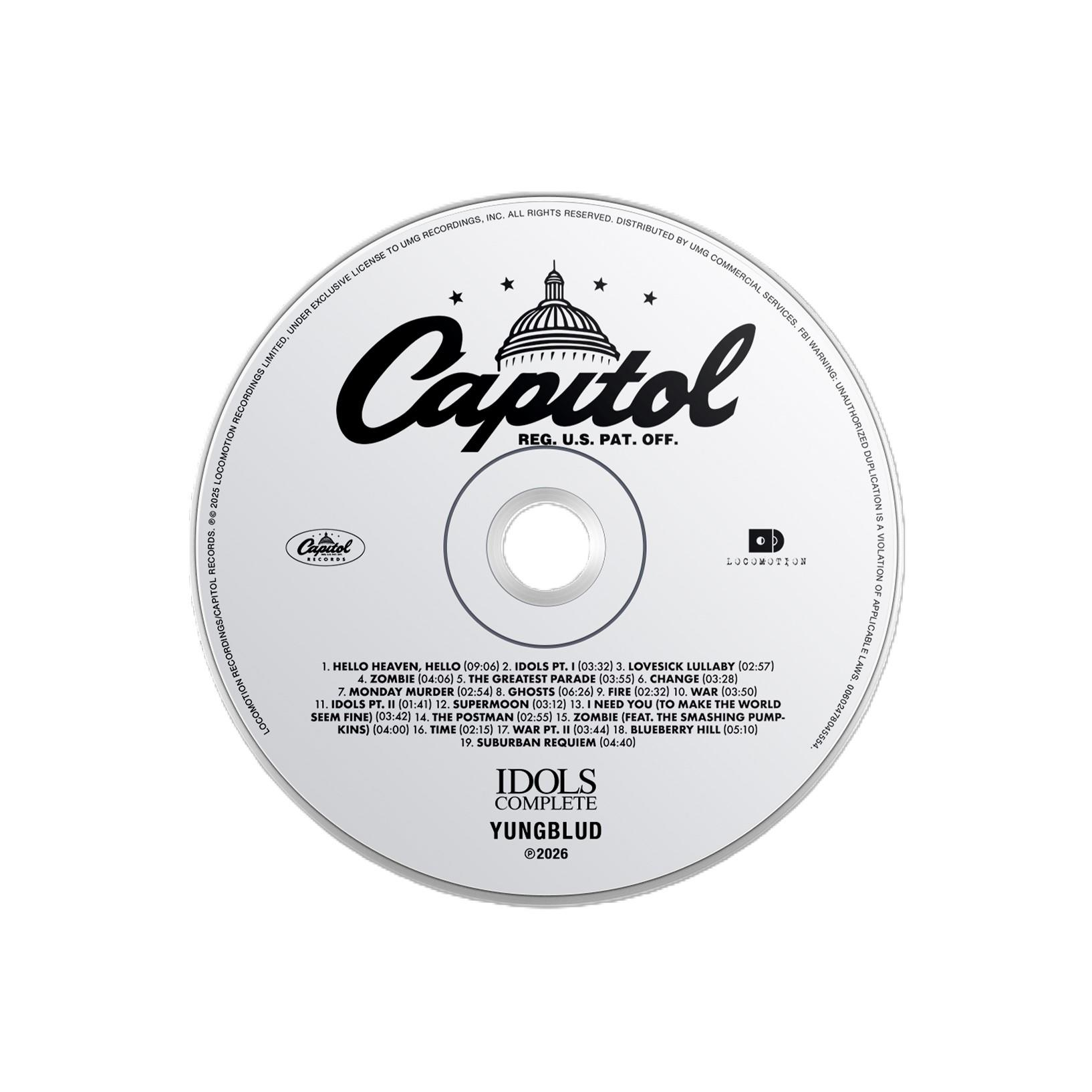 CD-Label mit Capitol-Logo, Songliste und "IDOLS COMPLETE YUNGBLUD".