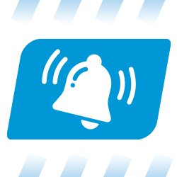 Biały dzwonek z falami na niebieskim tle, wskazujący alert.