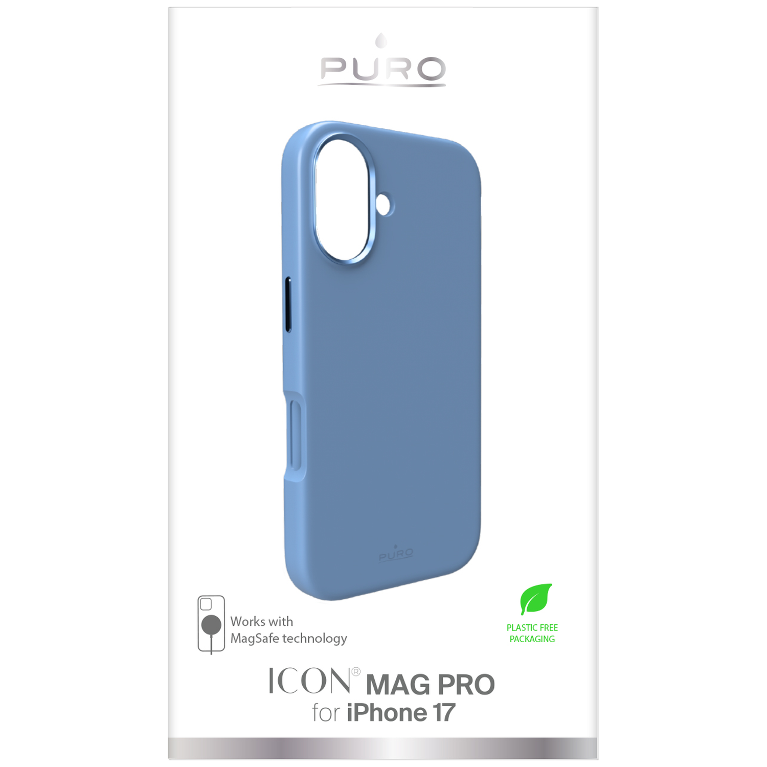 Blauwe Puro iPhone hoes met MagSafe technologie op witte achtergrond.