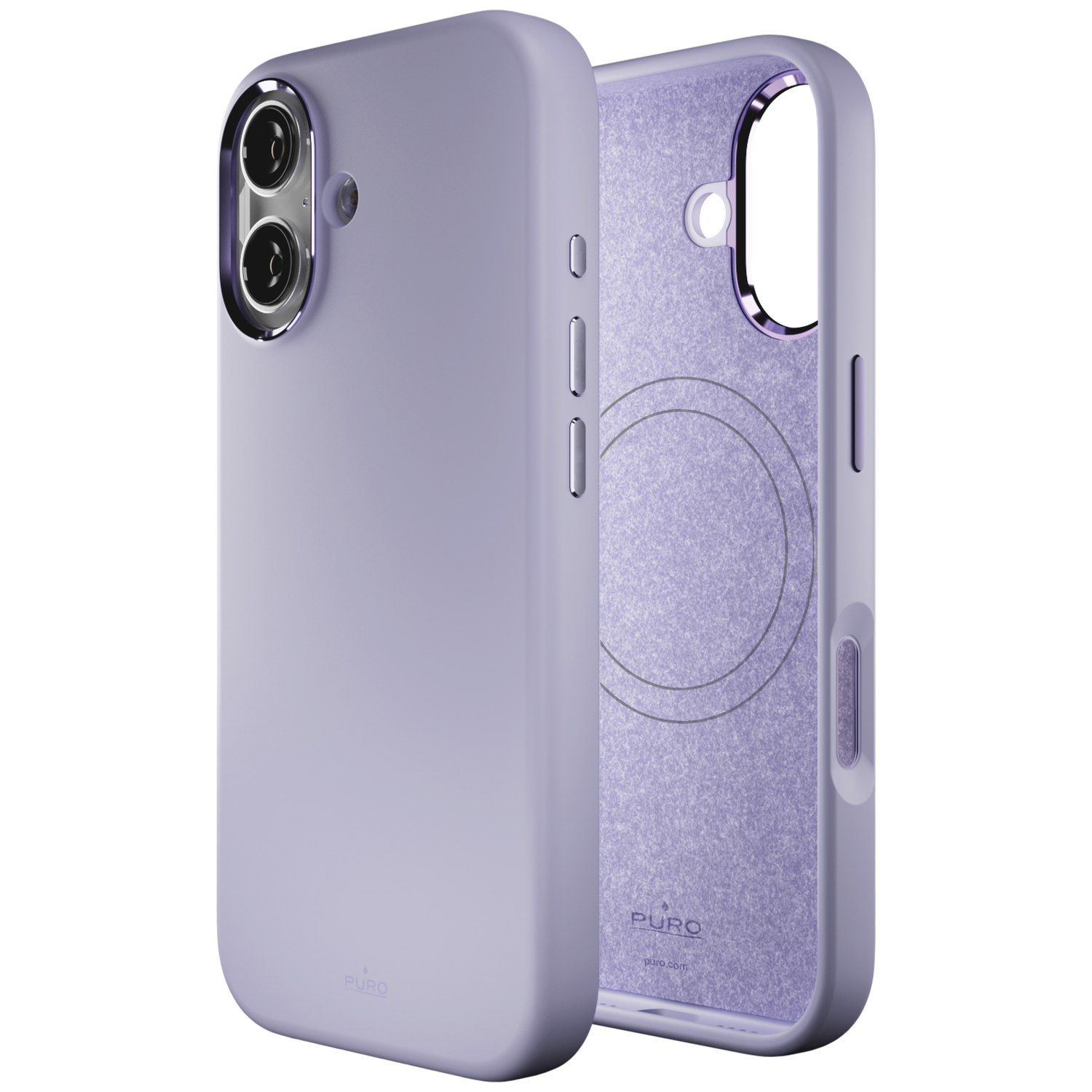 Paarse telefoonhoes dummy met cameramodule, op witte achtergrond.