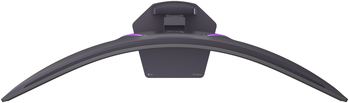 Ein gekrümmter, dunkler Monitorständer mit violetten Akzentlichtern und LG UltraGear Logo.