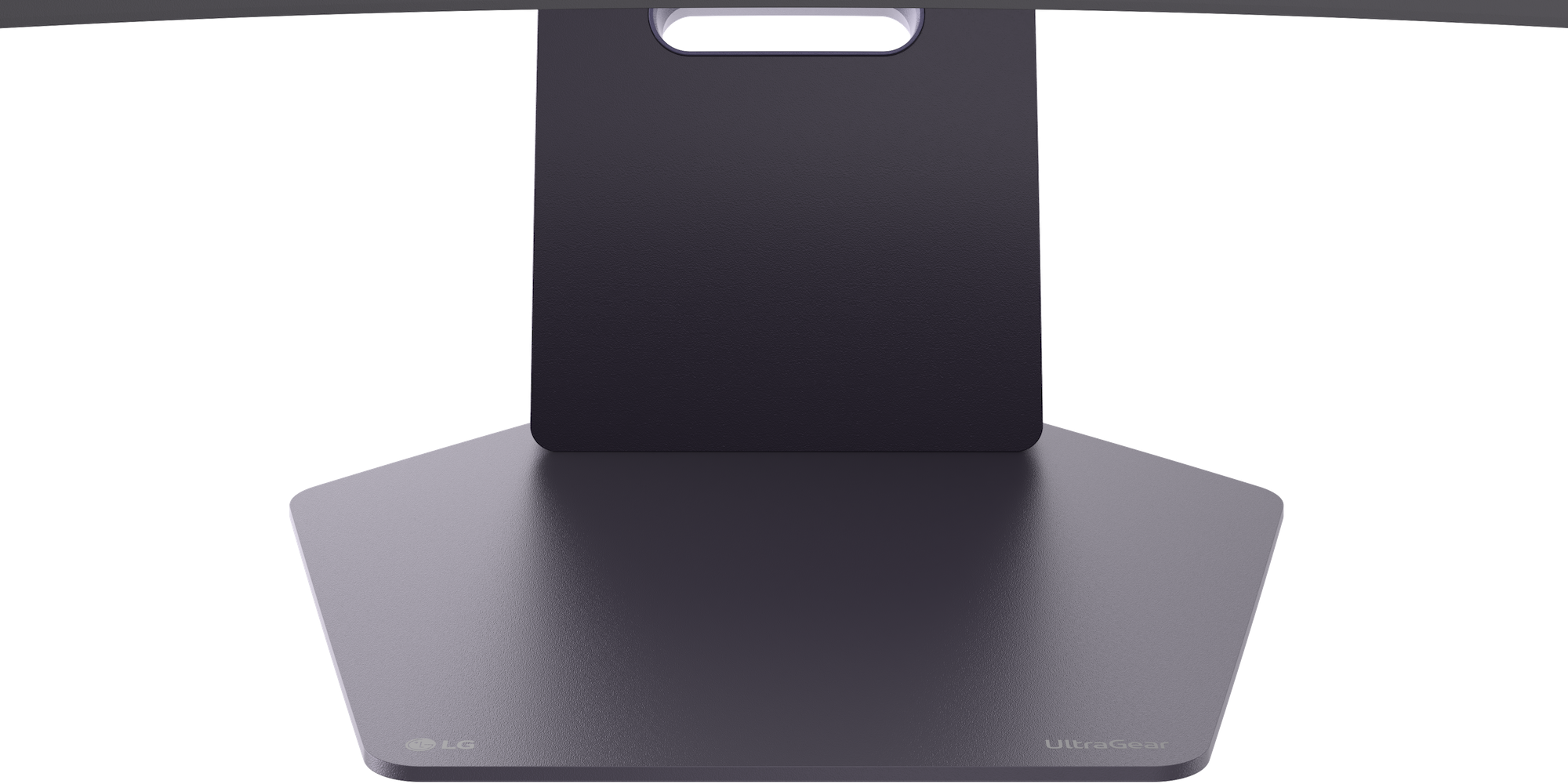 Ein dunkler Monitorständer mit LG und UltraGear Logos auf schwarzem Hintergrund.