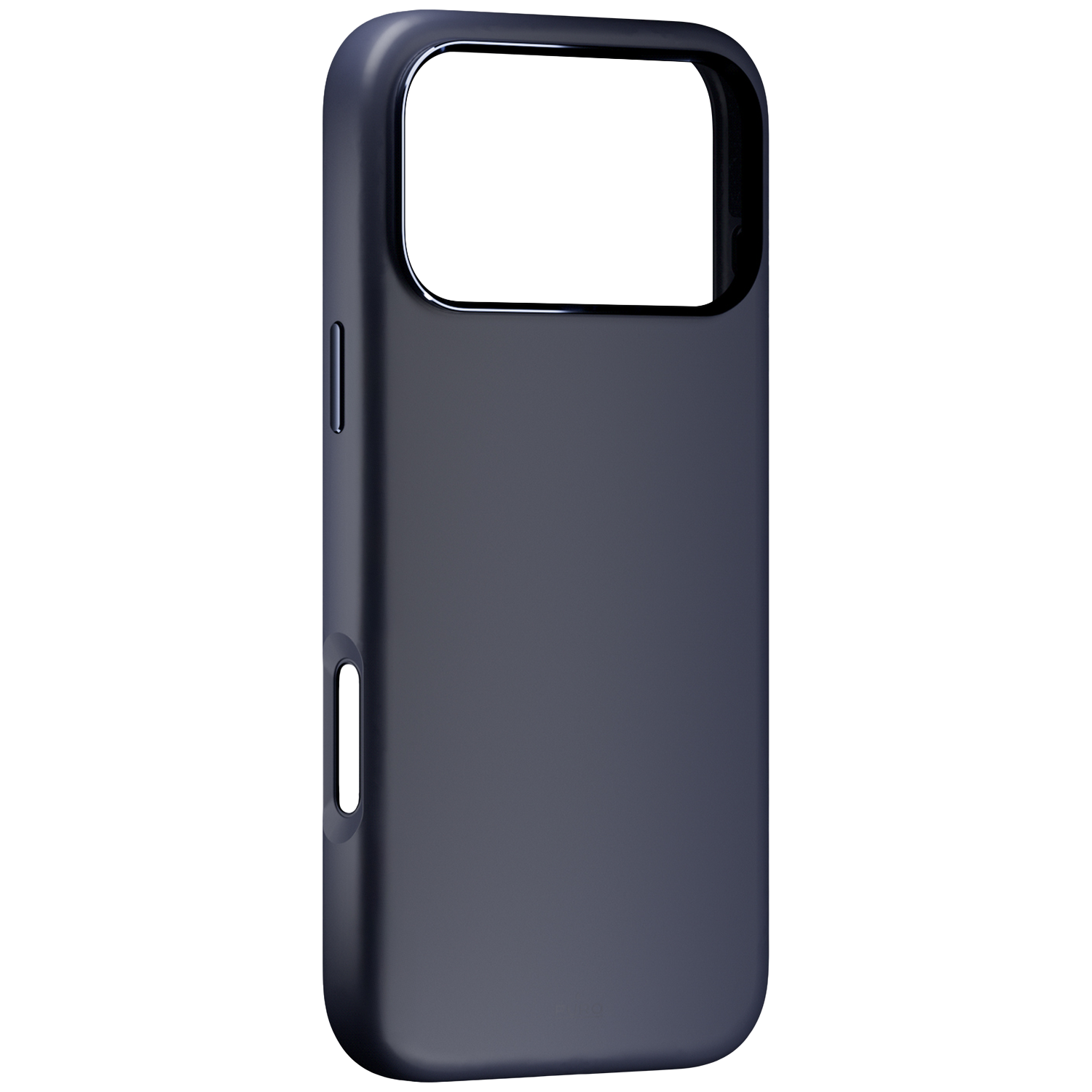 Donkergrijs telefoonhoesje met uitsparingen voor camera en knoppen.