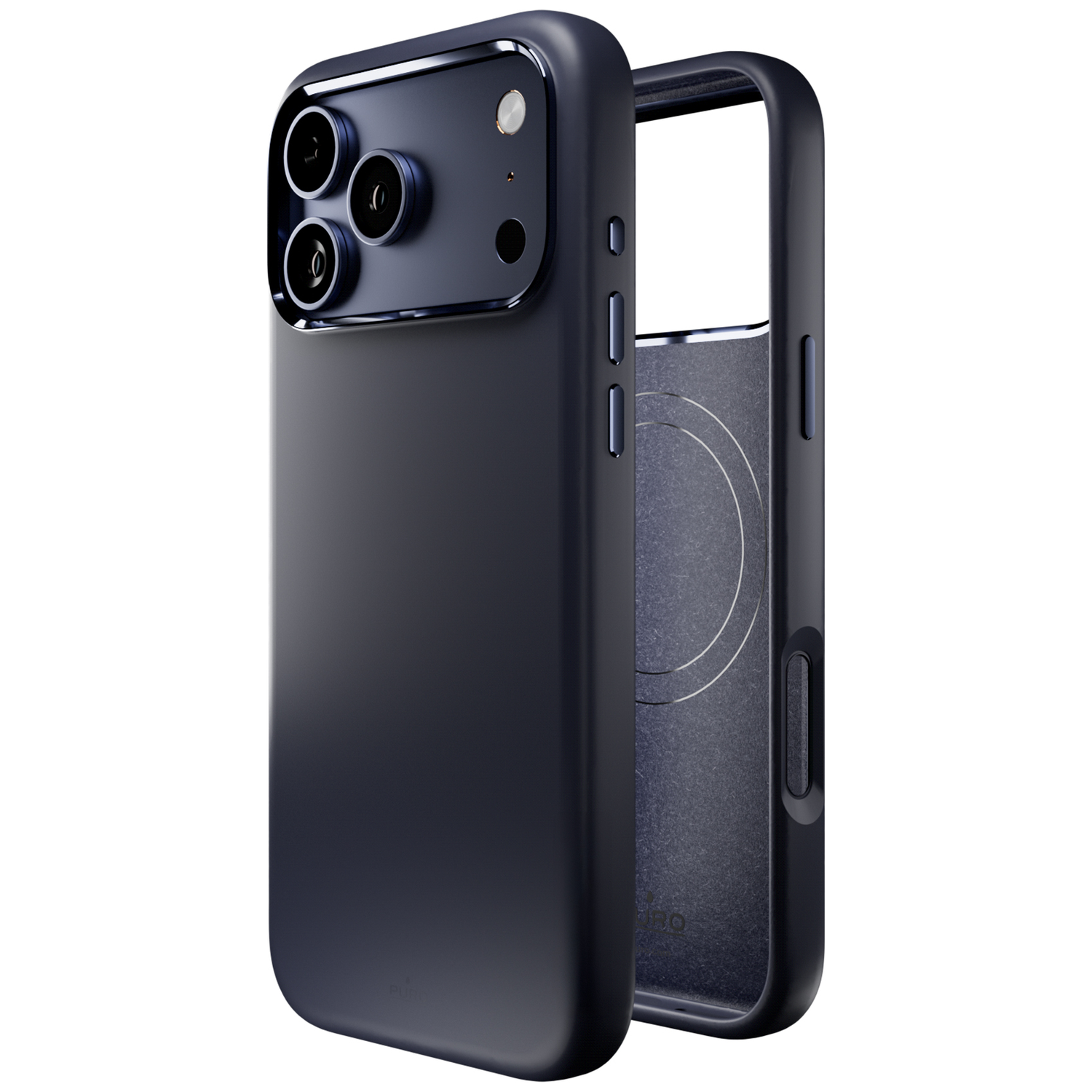 Donkerblauwe telefoonhoes met drievoudige camera en magnetische ring.
