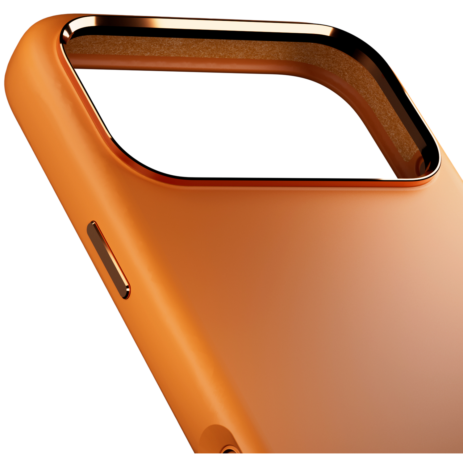 Oranje hoesje met glanzende metalen rand, close-up.