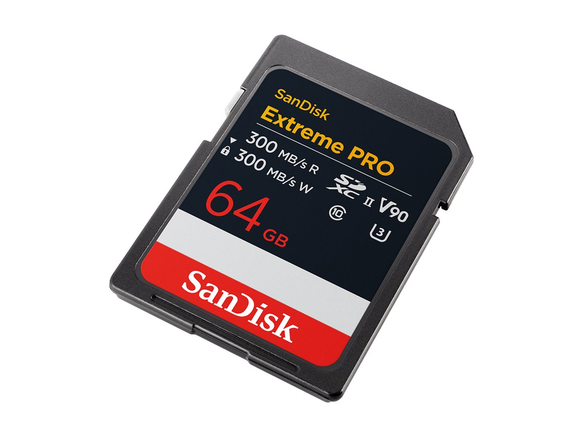 SanDisk Extreme PRO 64 GB SD-Karte mit rot-weißer Beschriftung. Schnell.
