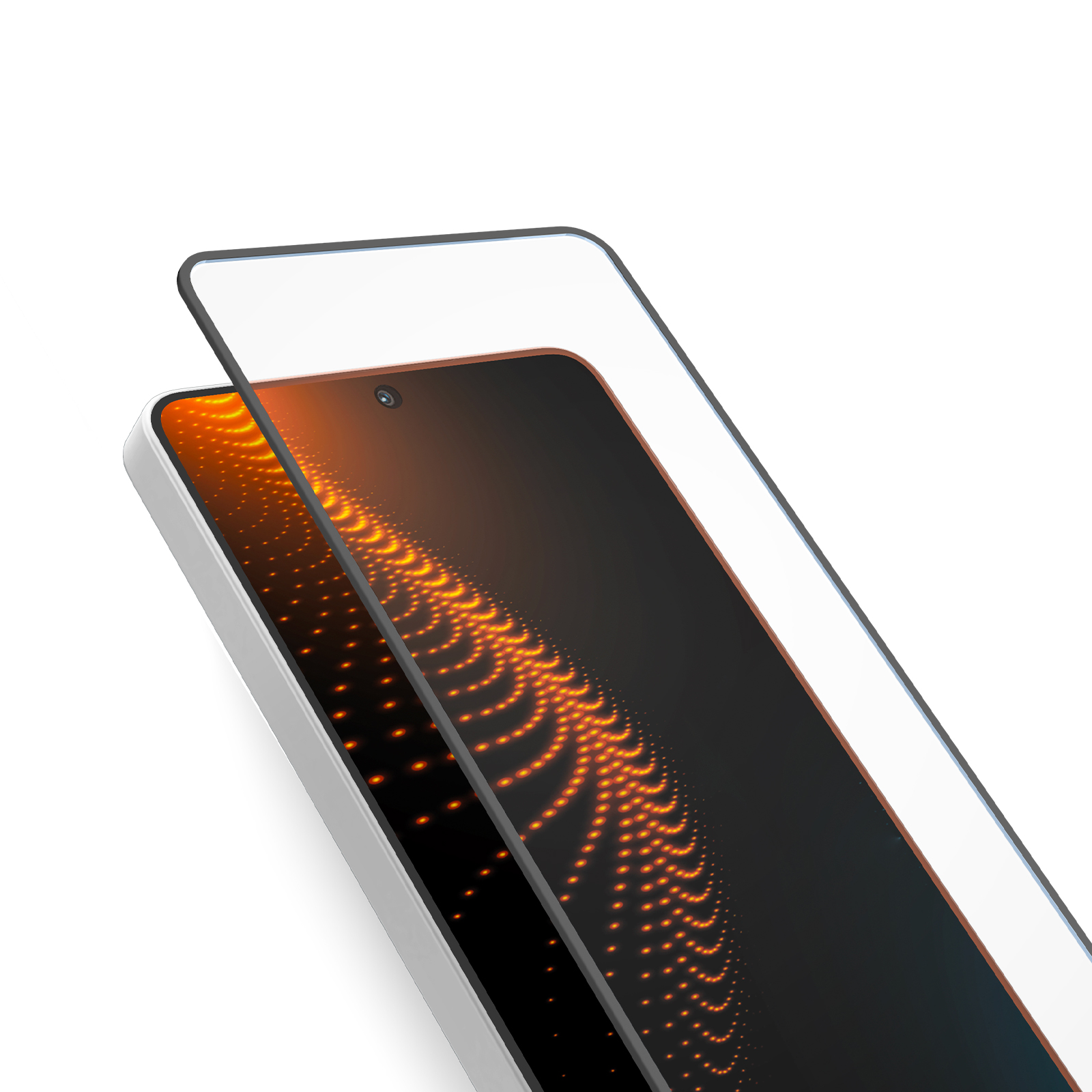 Ein Smartphone mit einem orangen Lichtmuster auf dem dunklen Bildschirm.