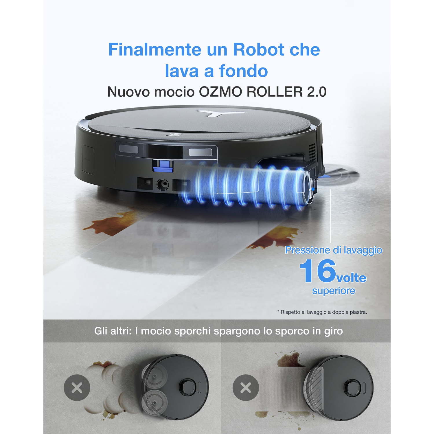 Robot aspirapolvere nero con effetto luce blu, pulisce lo sporco sul pavimento.