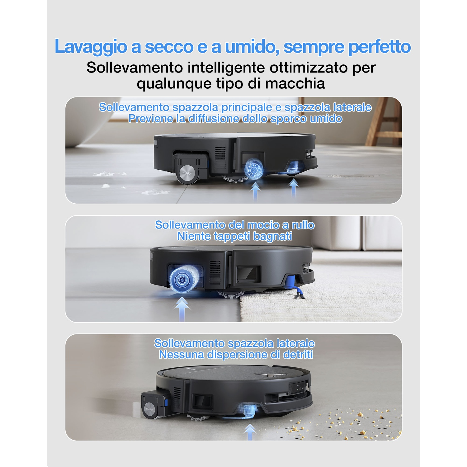 Un robot aspirapolvere con tre modalità di pulizia: sollevamento spazzola principale e laterale, sollevamento rullo e spazzola laterale.