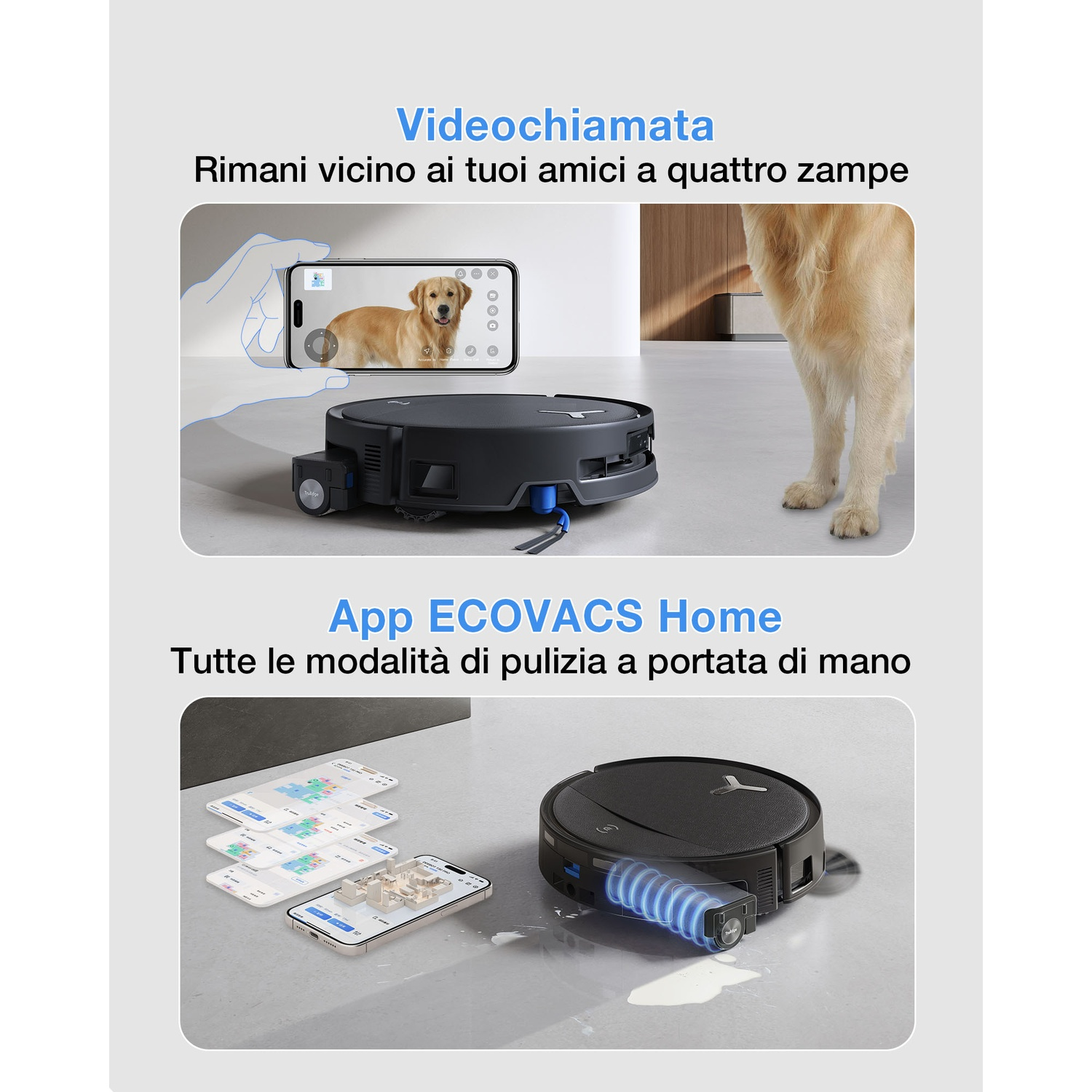 Aspirapolvere robot con controllo app e funzione videochiamata, mostra un cane.