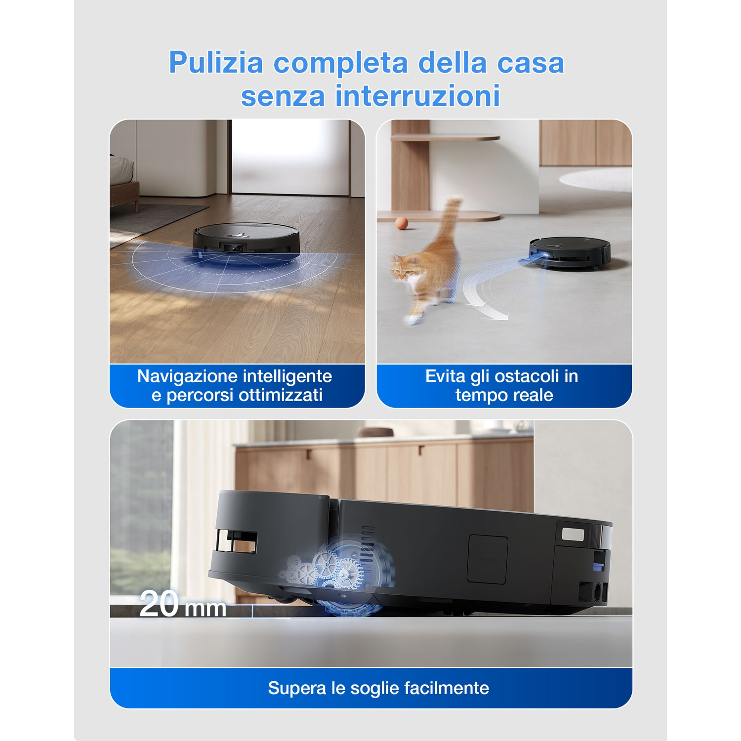 Un robot aspirapolvere pulisce la casa, navigando e evitando ostacoli intelligentemente.