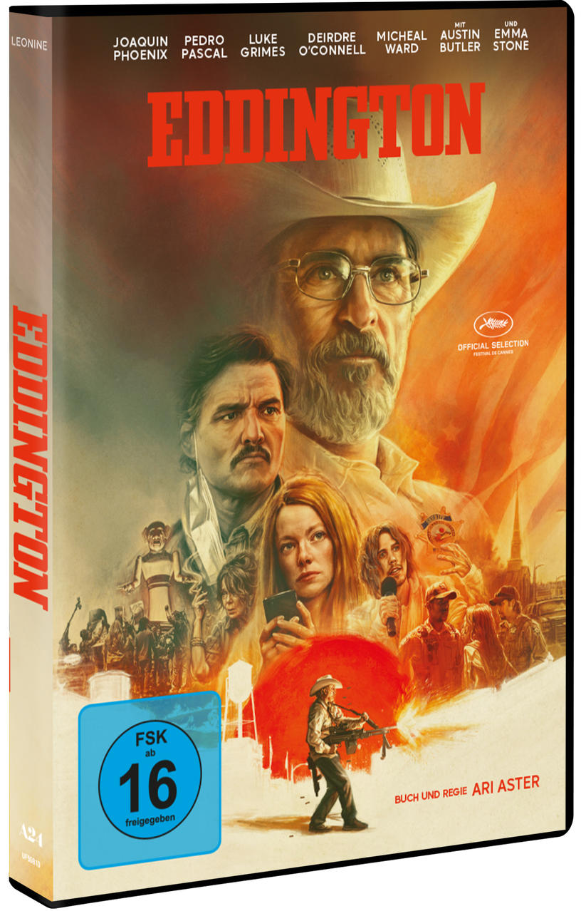 Filmplakat mit Schauspielern, einem Cowboy mit Gewehr und dem Titel Eddington.
