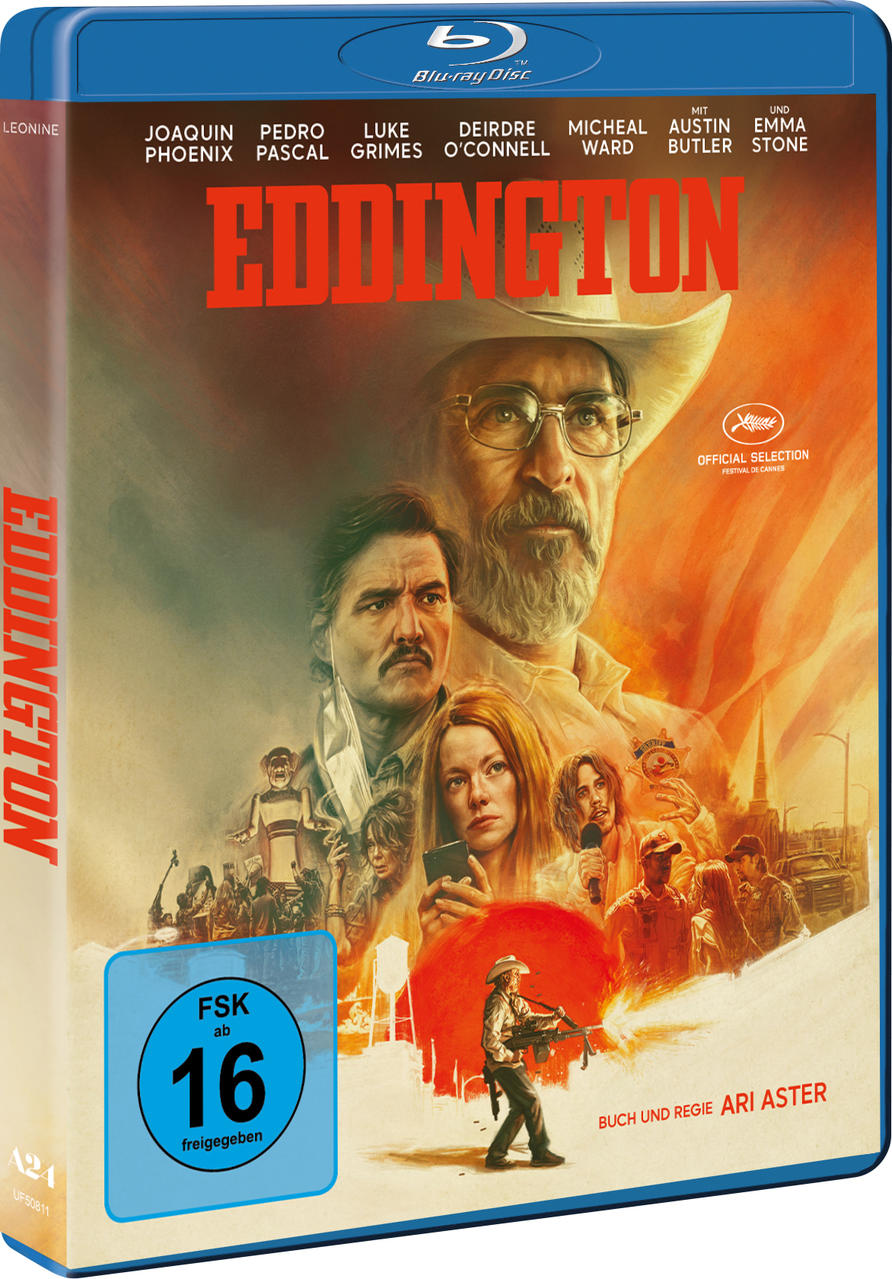 Filmplakat mit Schauspielern, Titel 'Eddington' und FSK 16 Logo.