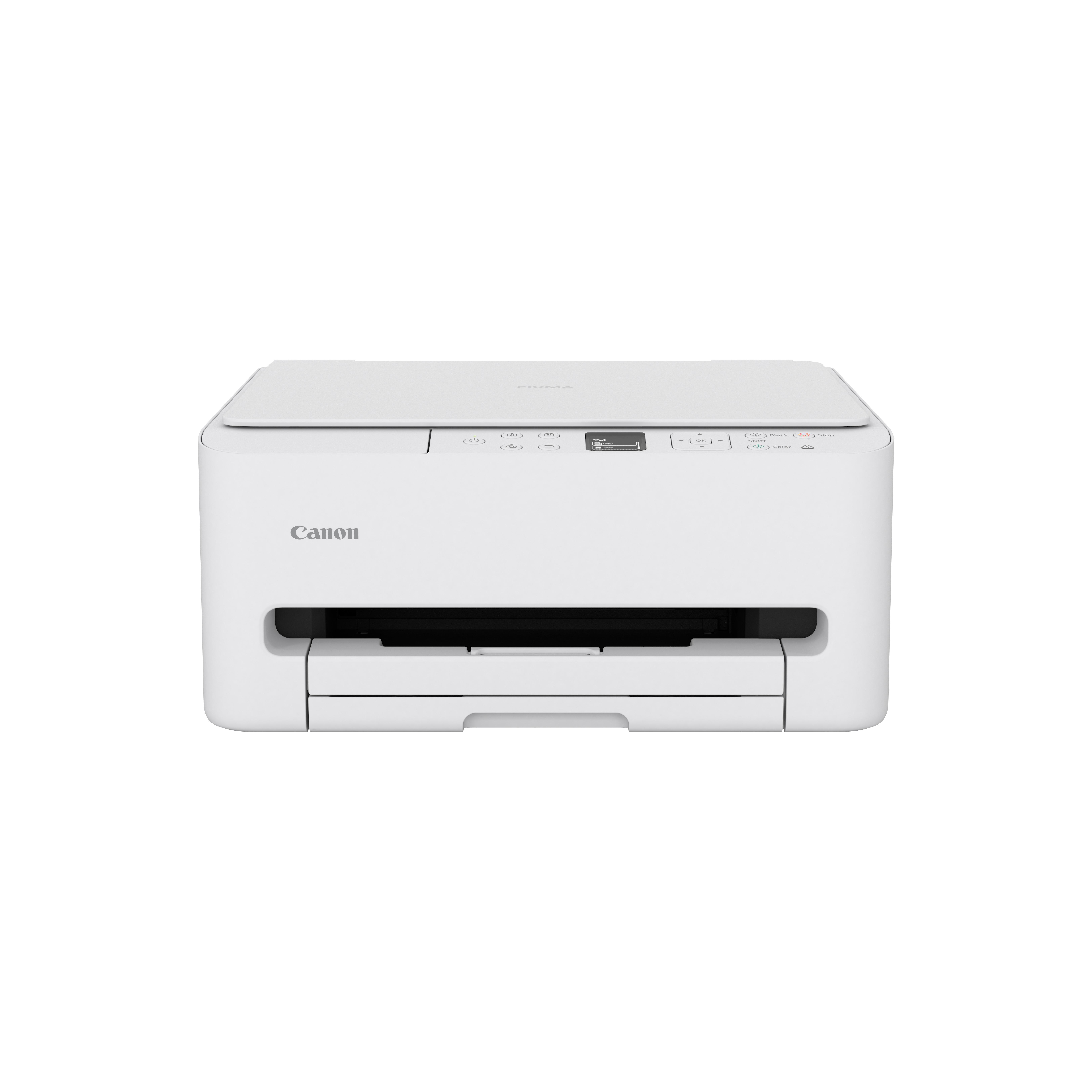 Ein weißer Canon Drucker mit Bedienfeld und Papierausgabefach.