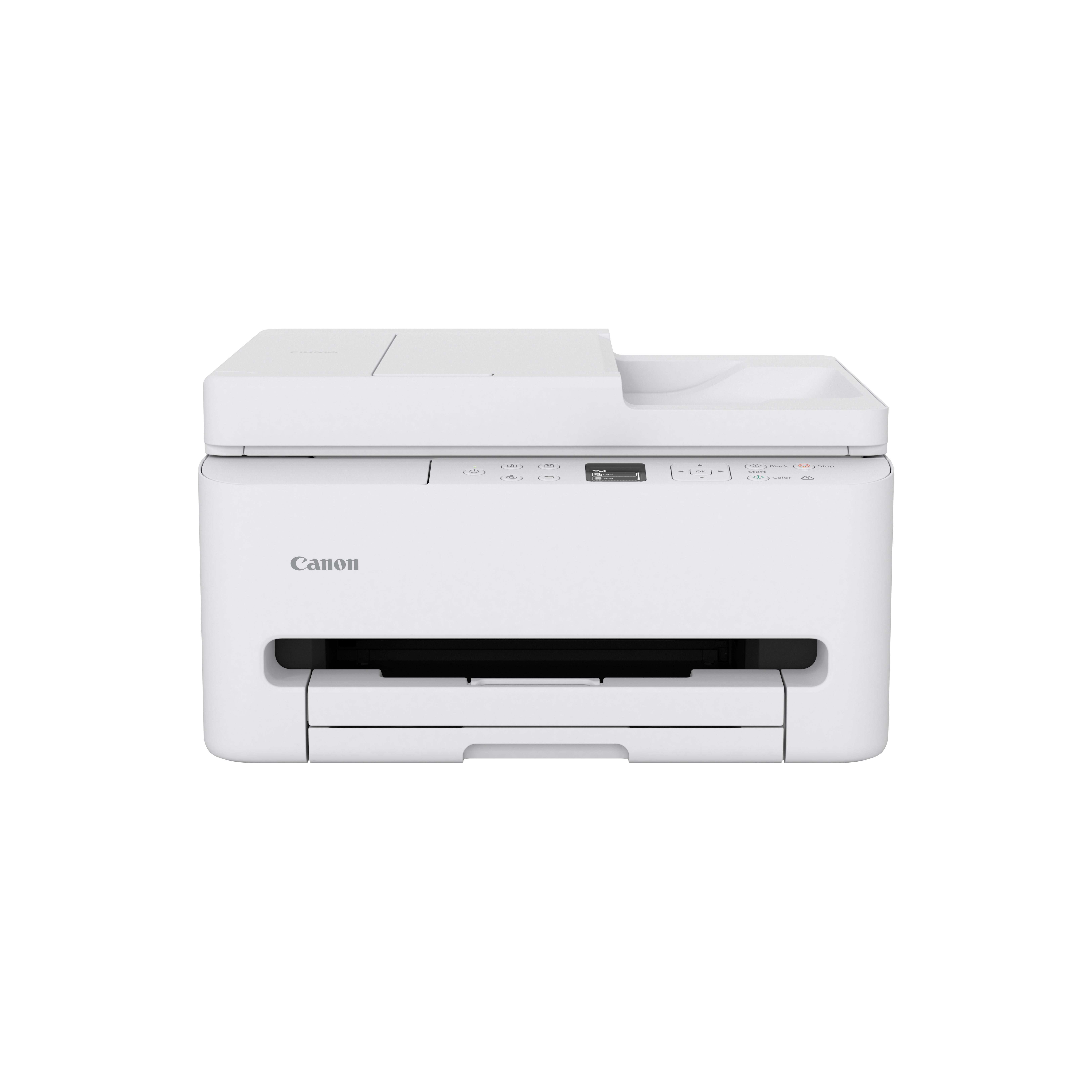 Ein weißer Canon Drucker mit Scanner und Kopierer steht auf weißem Hintergrund.