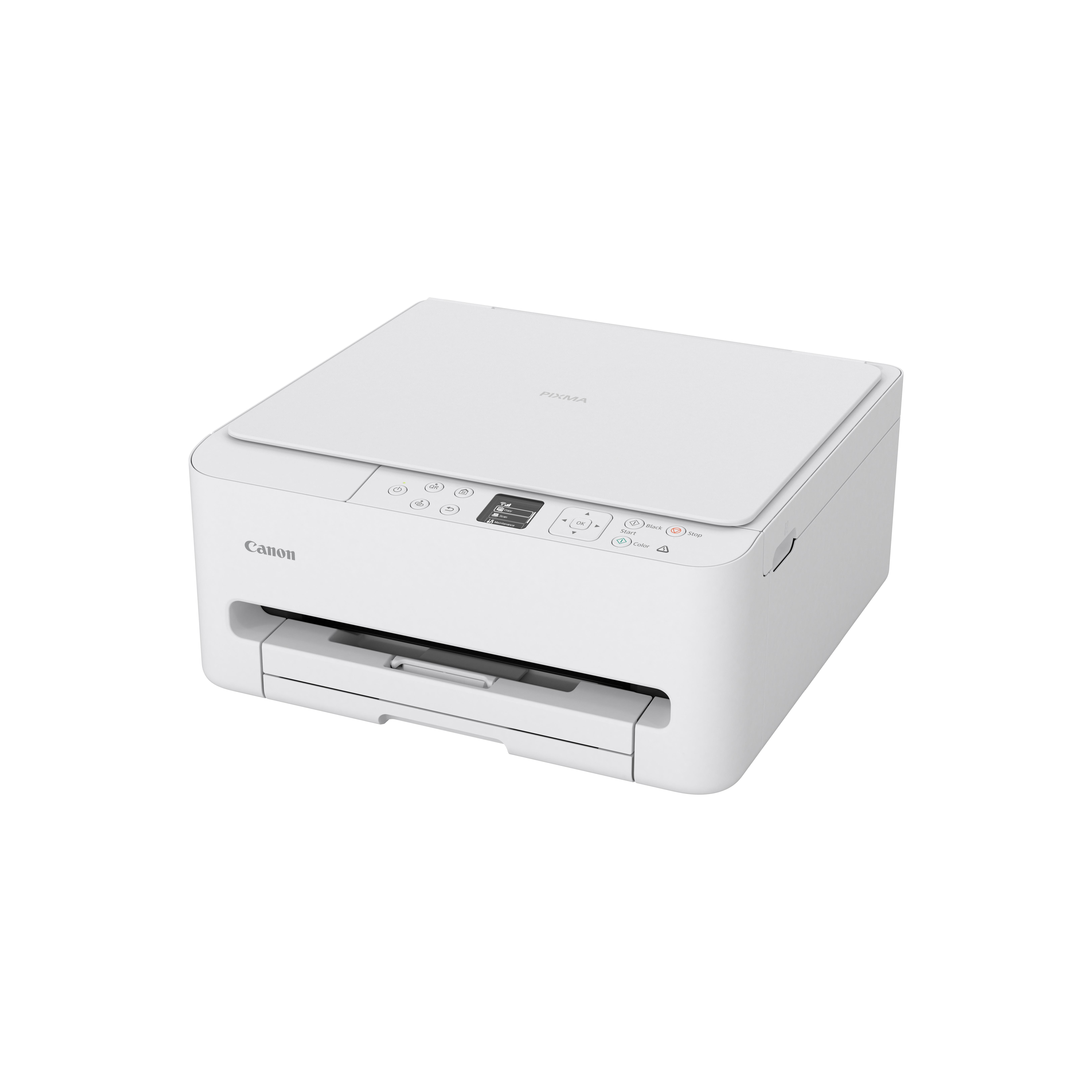 Ein weißer Canon Pixma Drucker steht auf weißem Hintergrund.