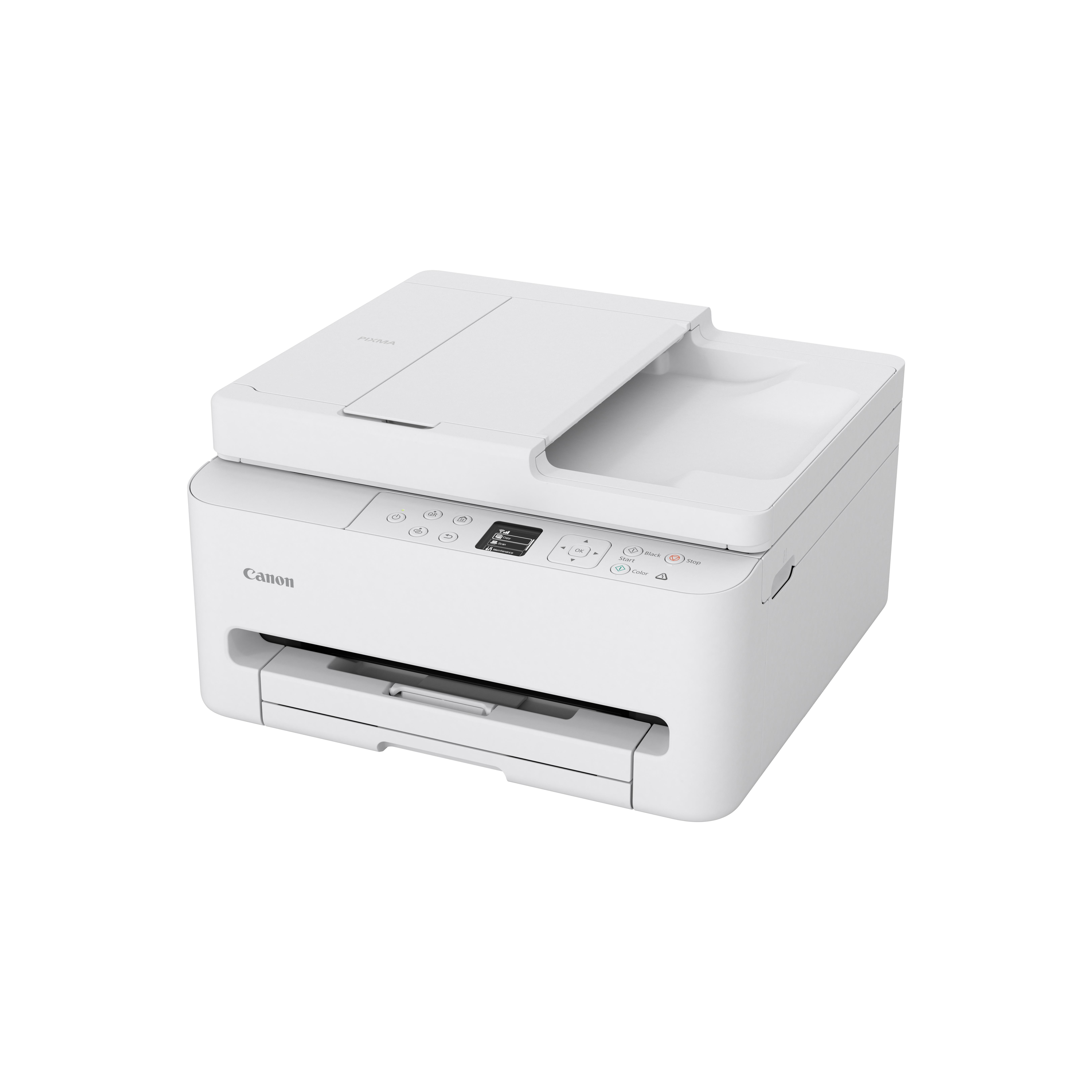 Ein weißer Canon Drucker mit Scanner und Kopierer steht auf weißem Grund.