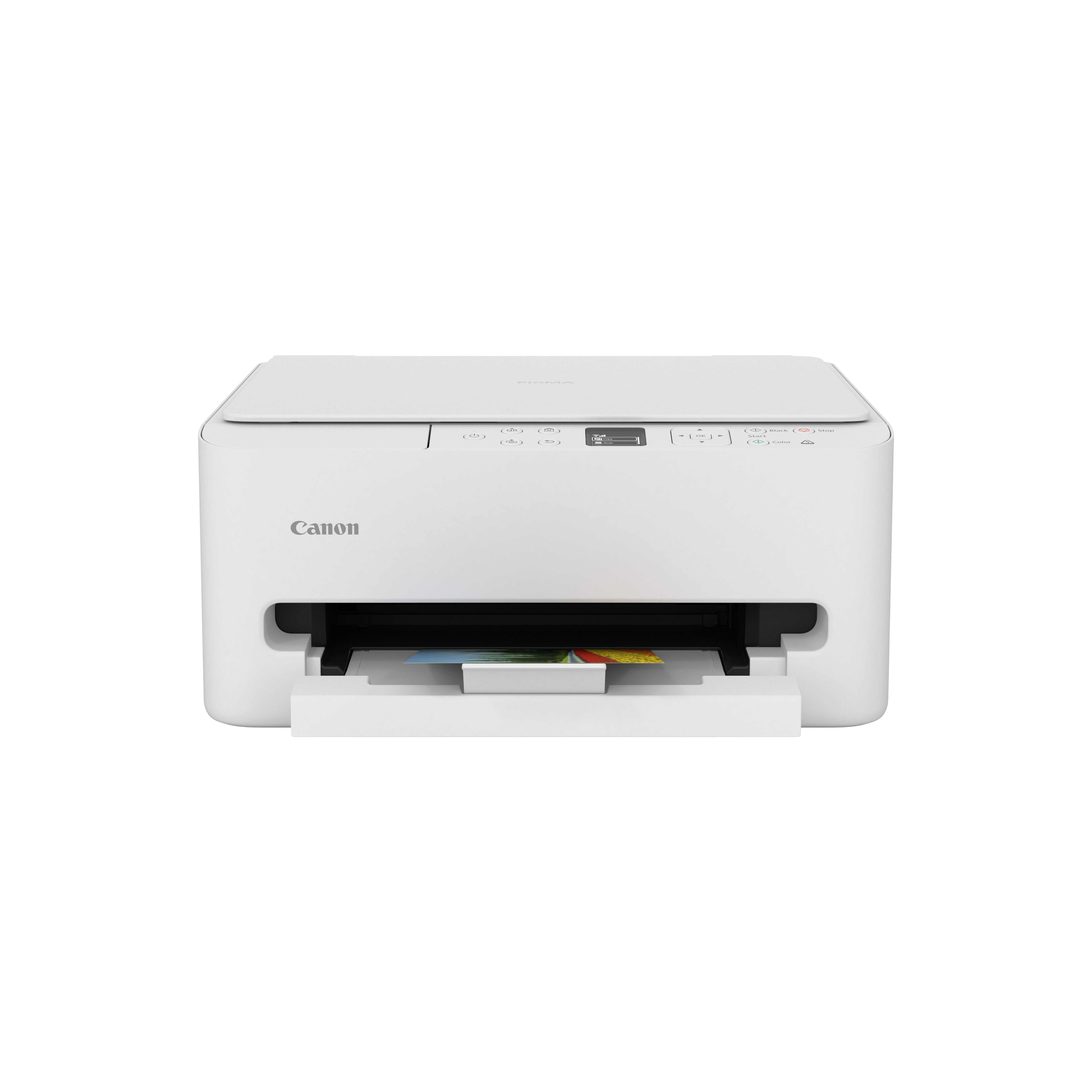 Ein weißer Canon Drucker mit bedrucktem Papier in der Ausgabeschale.