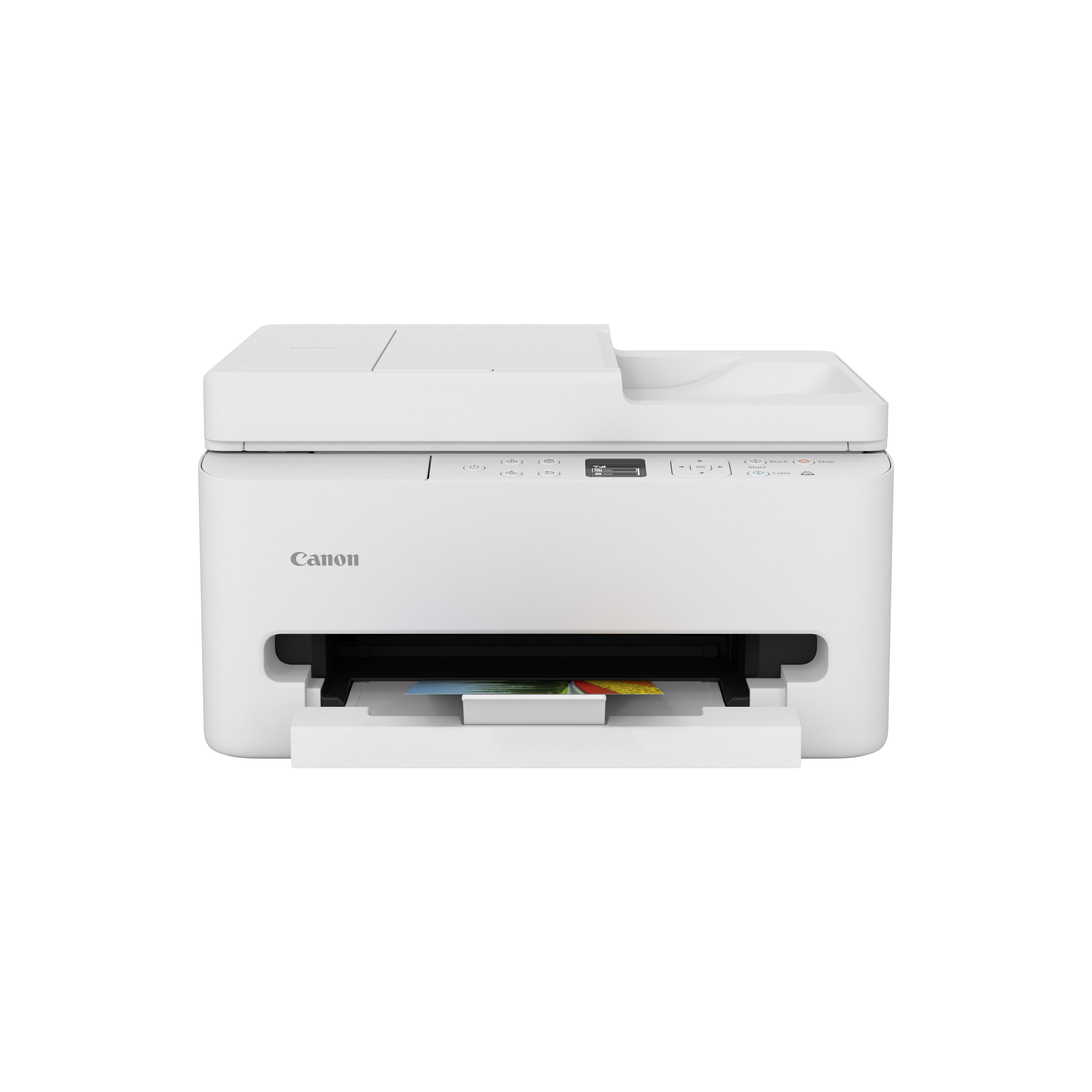Ein weißer Canon Drucker mit bedrucktem Papier in der Papierablage.