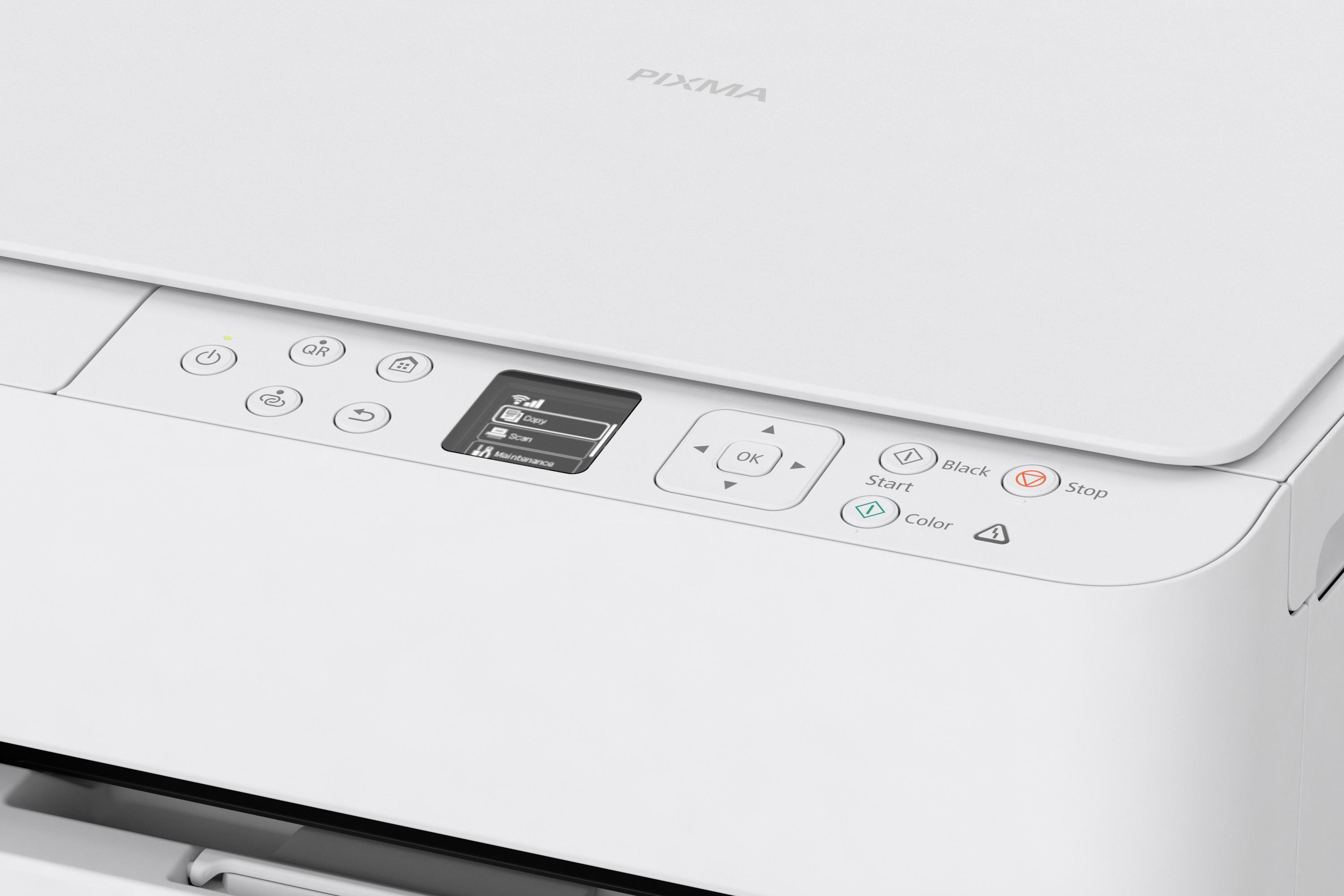 Ein weißer Drucker mit dem Namen PIXMA hat Bedienelemente, einen Bildschirm und Knöpfe.