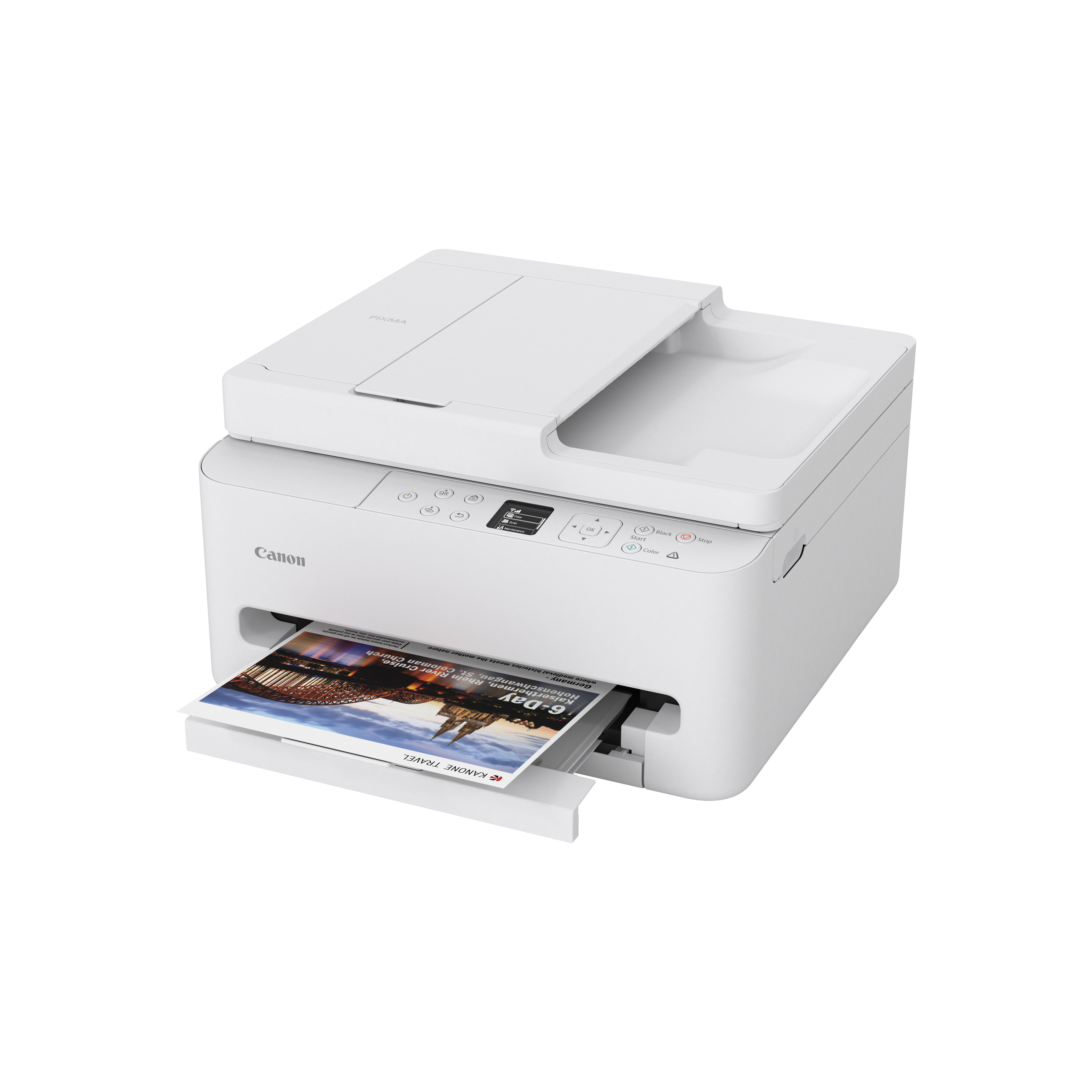 Ein weißer Canon Pixma Drucker mit einem Ausdruck, der eine Brücke zeigt.