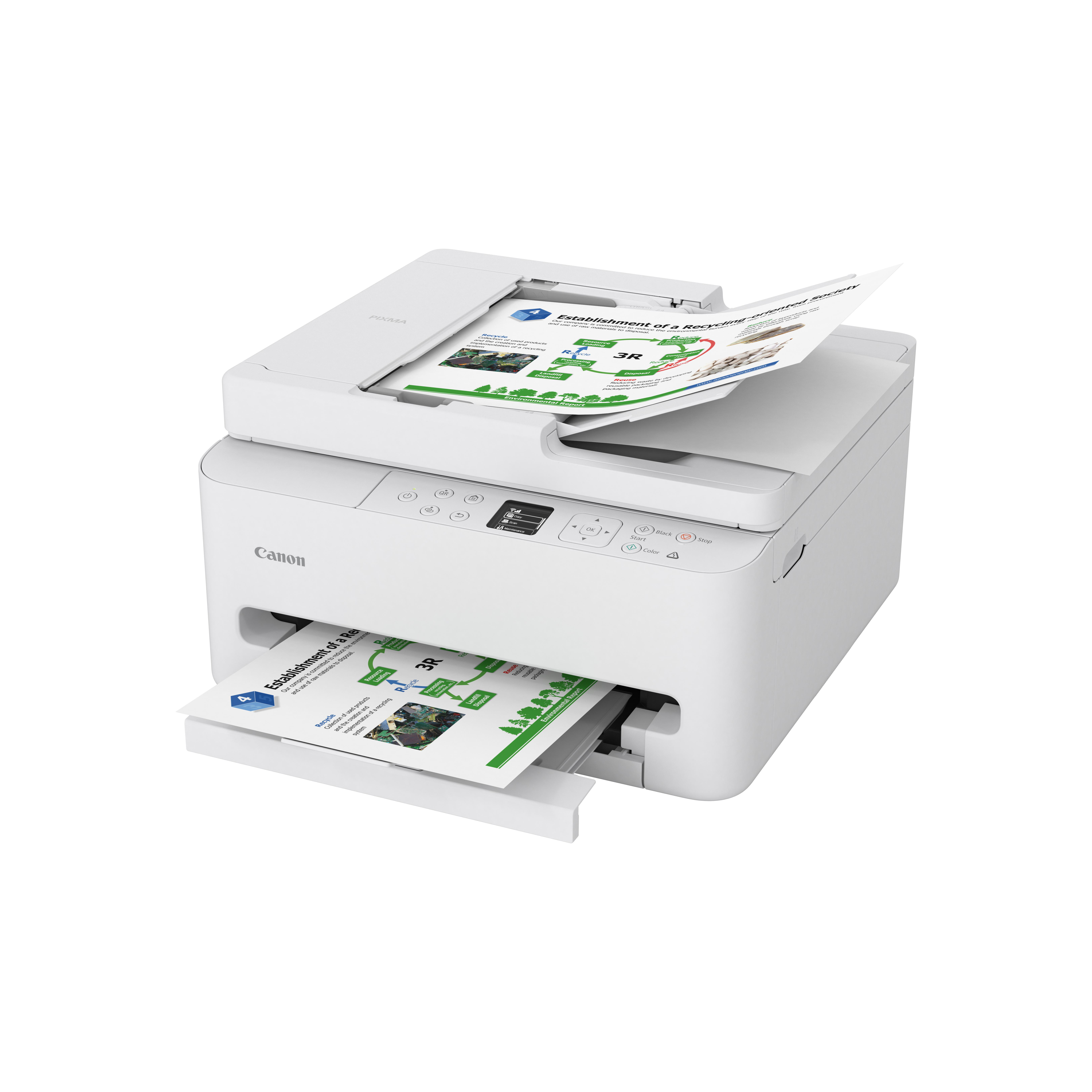 Ein weißer Canon Drucker mit bedruckten Seiten.