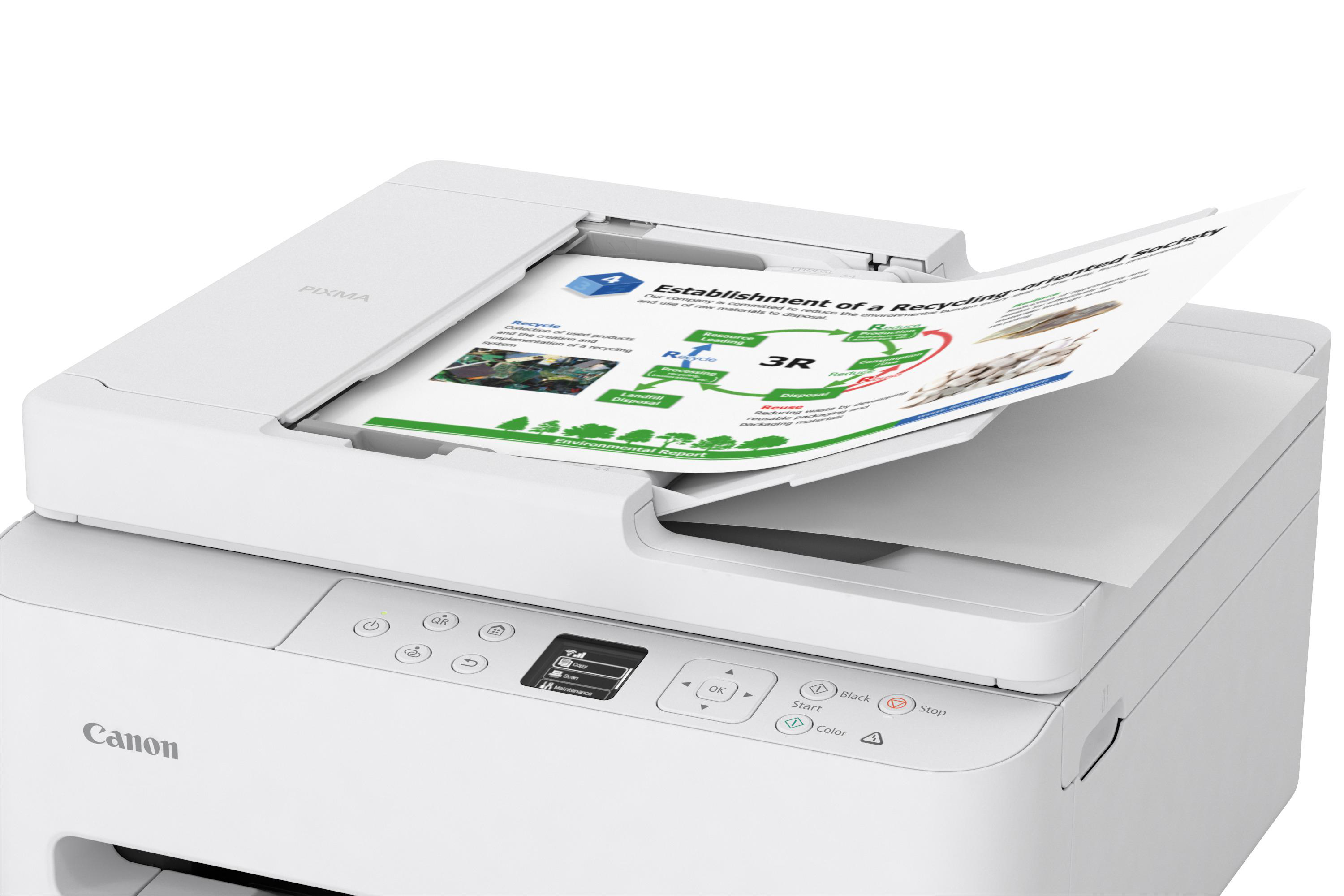 Ein weißer Canon PIXMA Drucker druckt ein Diagramm über Recycling.