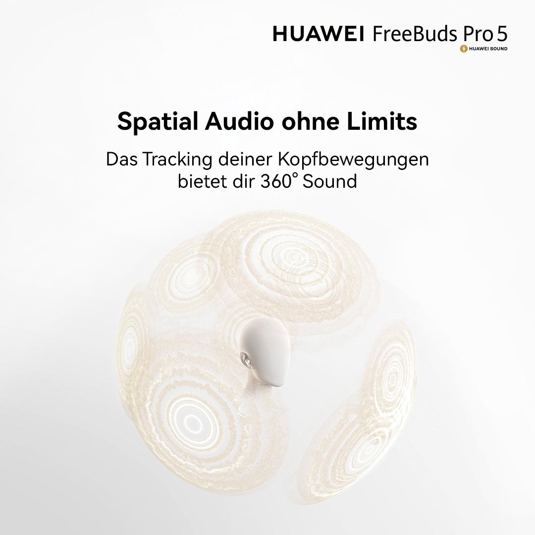Ein weißer HUAWEI FreeBuds Pro 5 Kopfhörer mit Wellenmuster im Hintergrund.