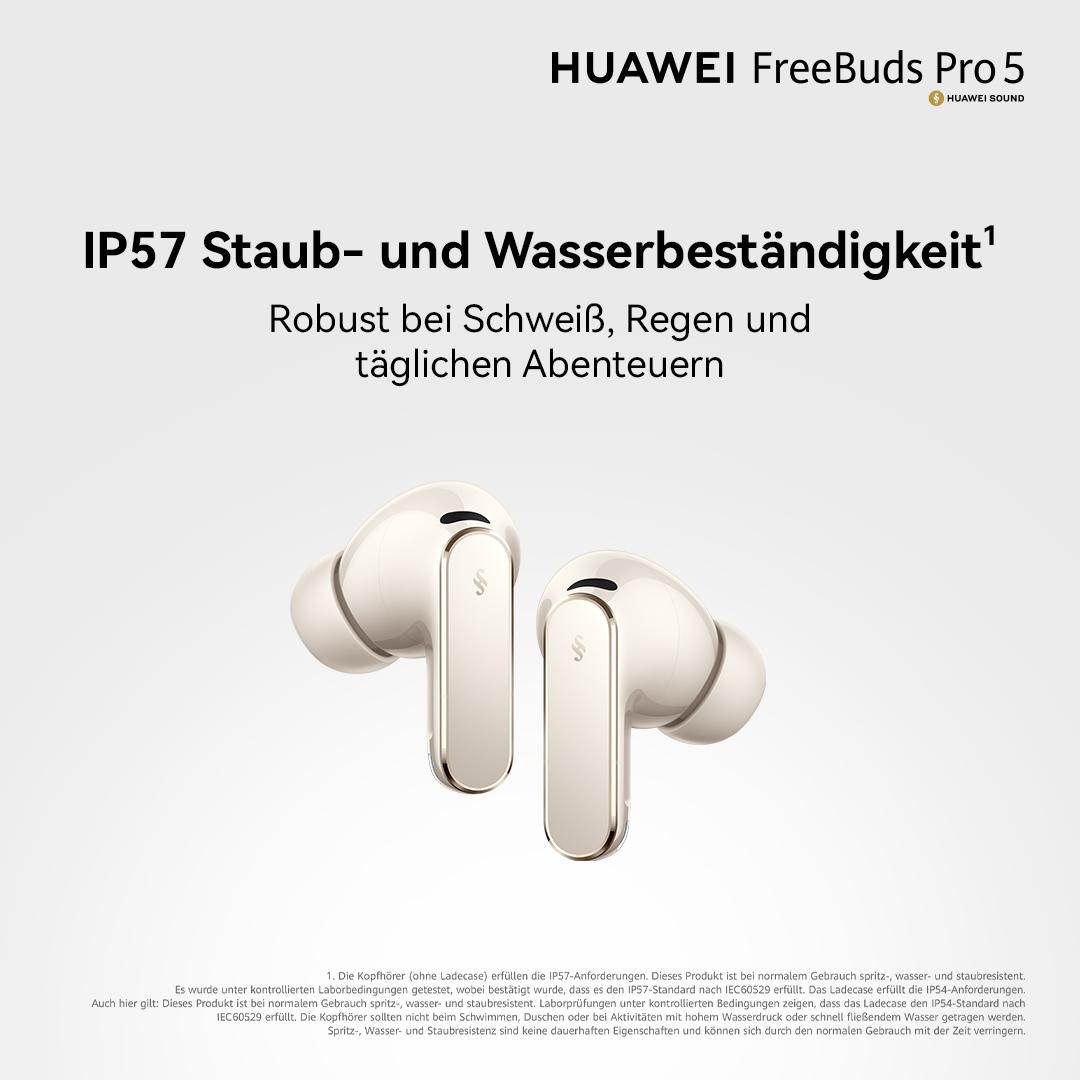 Weiße Huawei FreeBuds Pro 5 mit IP57-Schutz vor Staub und Wasser.