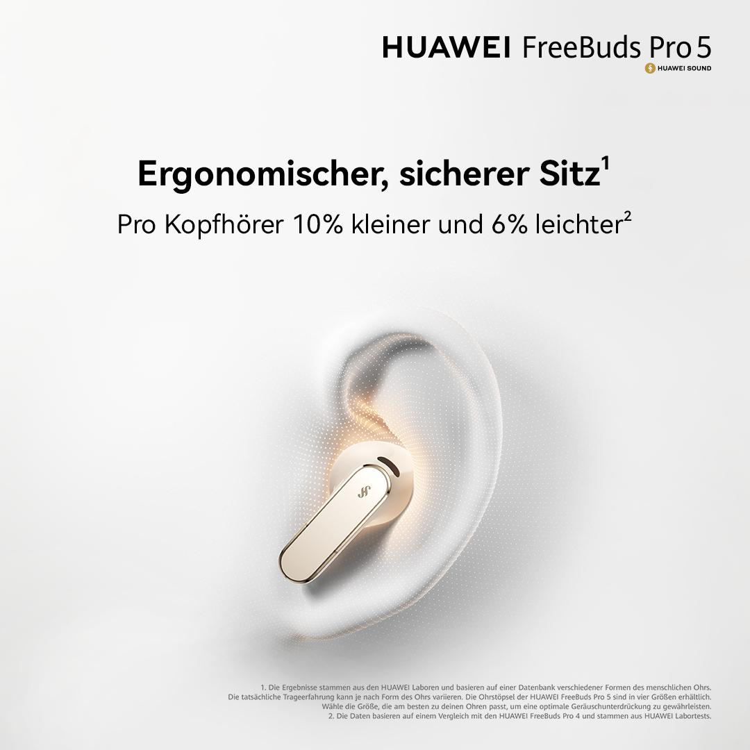 Ein weißer Huawei FreeBud Pro 5 Kopfhörer sitzt in einem stilisierten Ohr.