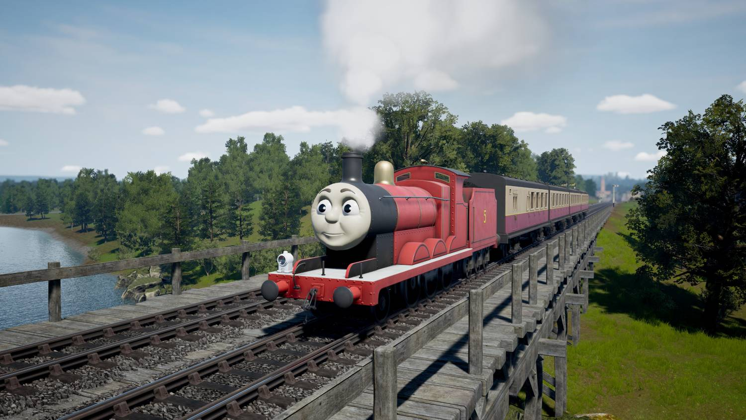 Una locomotora de vapor roja con vagones cruza un puente de madera.