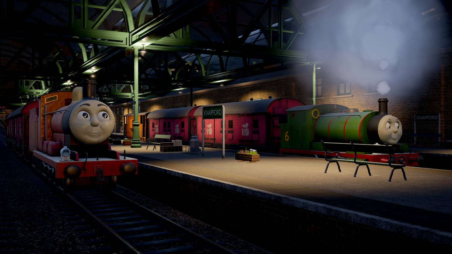 Dos trenes de dibujos animados, rojo y verde, en la estación de Knapford por la noche. El tren verde emite vapor.