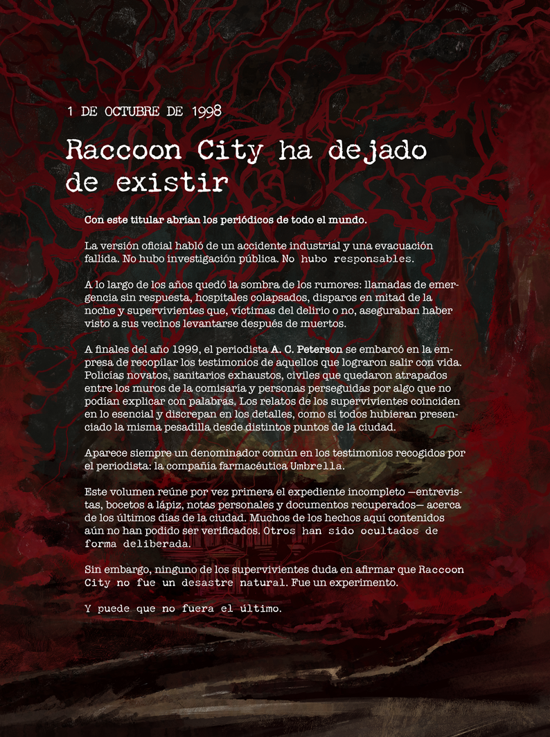 Título: Raccoon City ha dejado de existir. Fecha: 1 de octubre de 1998. Fondo: ramas rojas.
