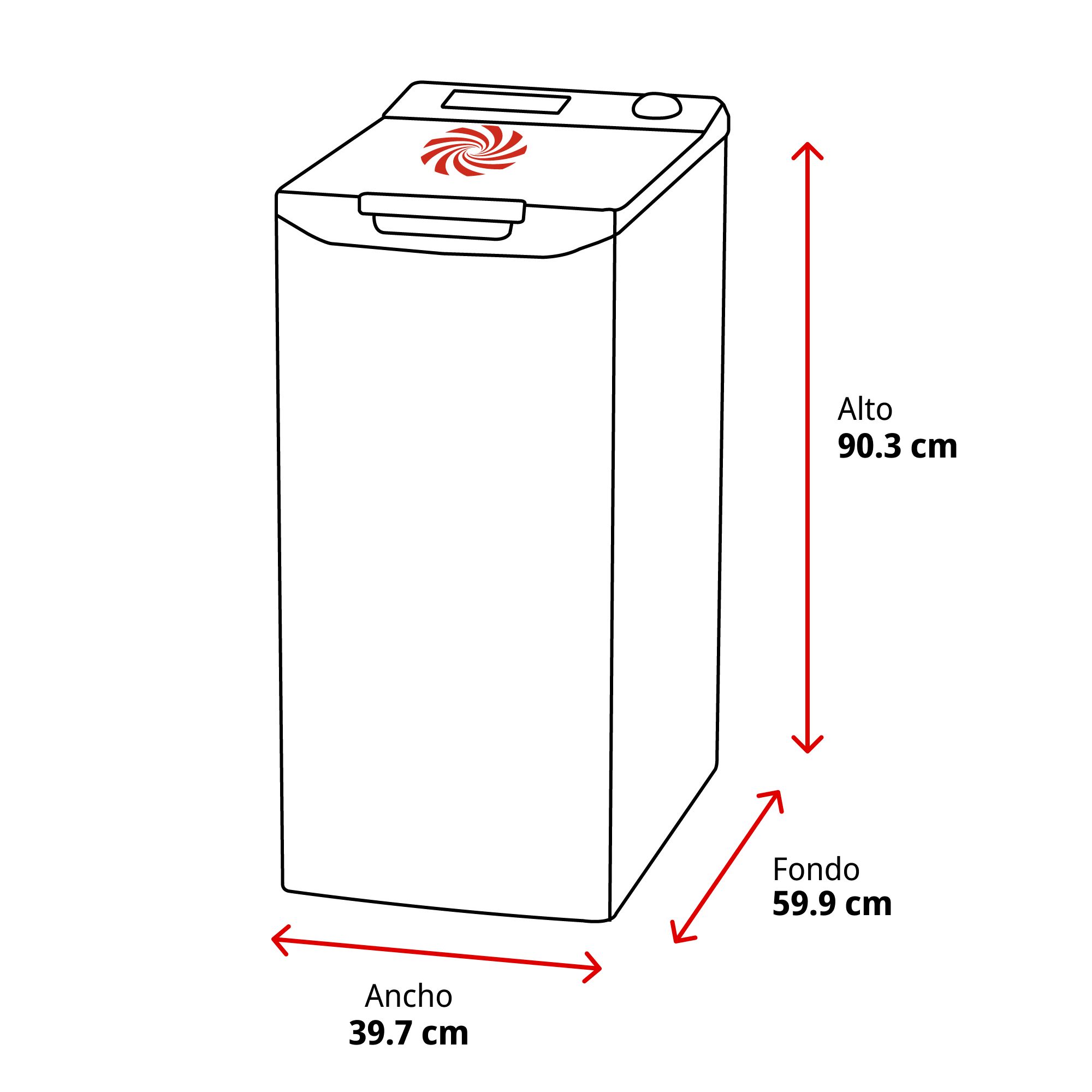 Dibujo de lavadora con medidas: alto 90,3 cm, ancho 39,7 cm, fondo 59,9 cm.