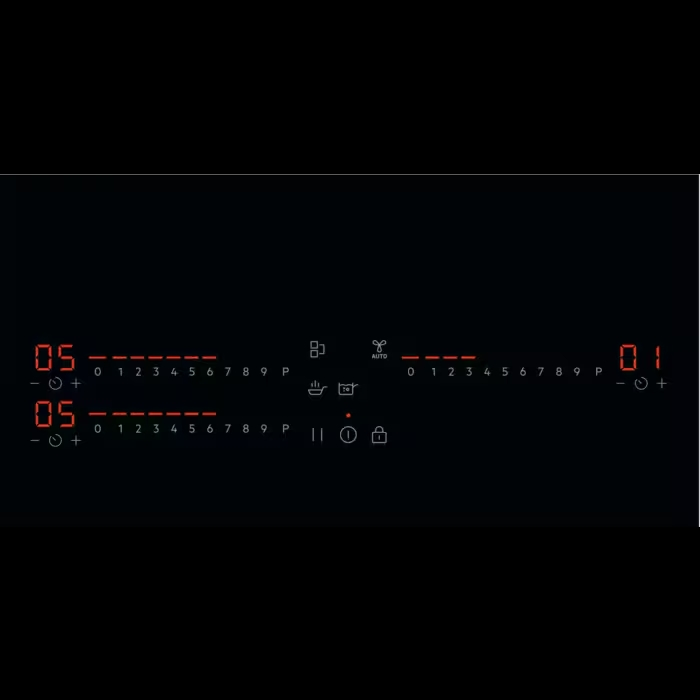 La placa de cocina muestra dos pantallas digitales con números. Izquierda '05', derecha '01'.